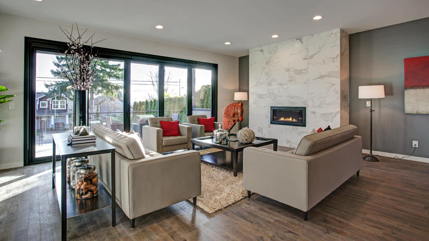 A living room in warm gray tones