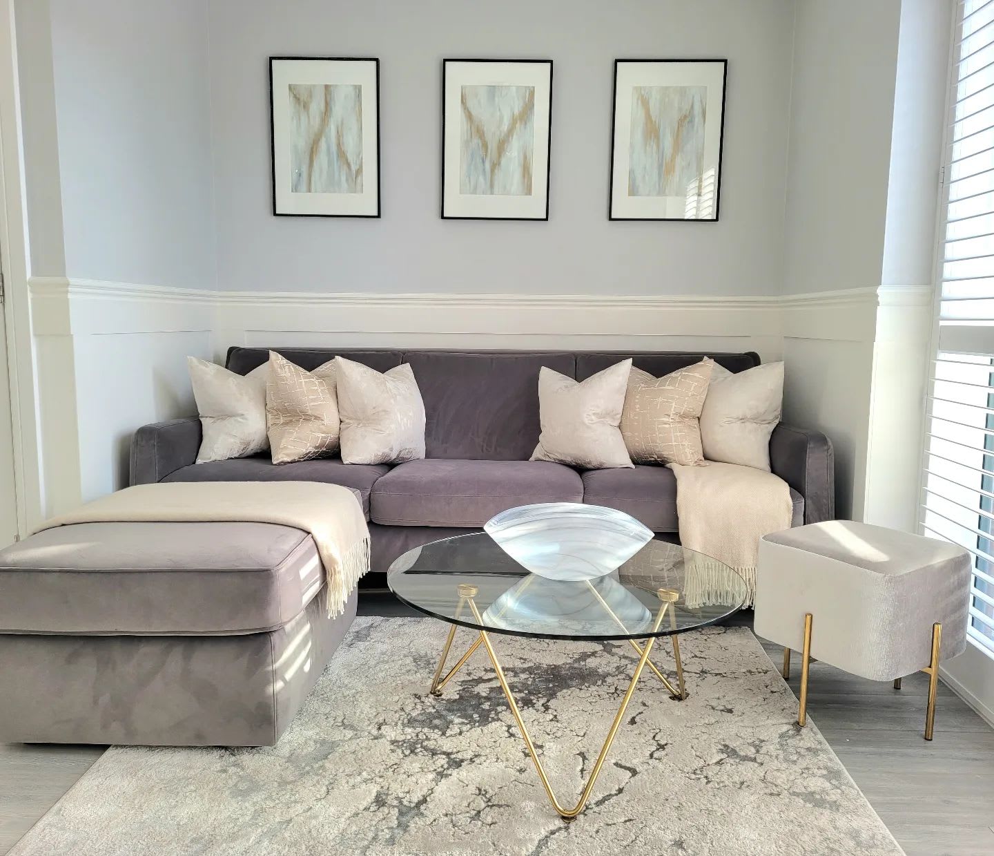 Grey, purple, and blue decor