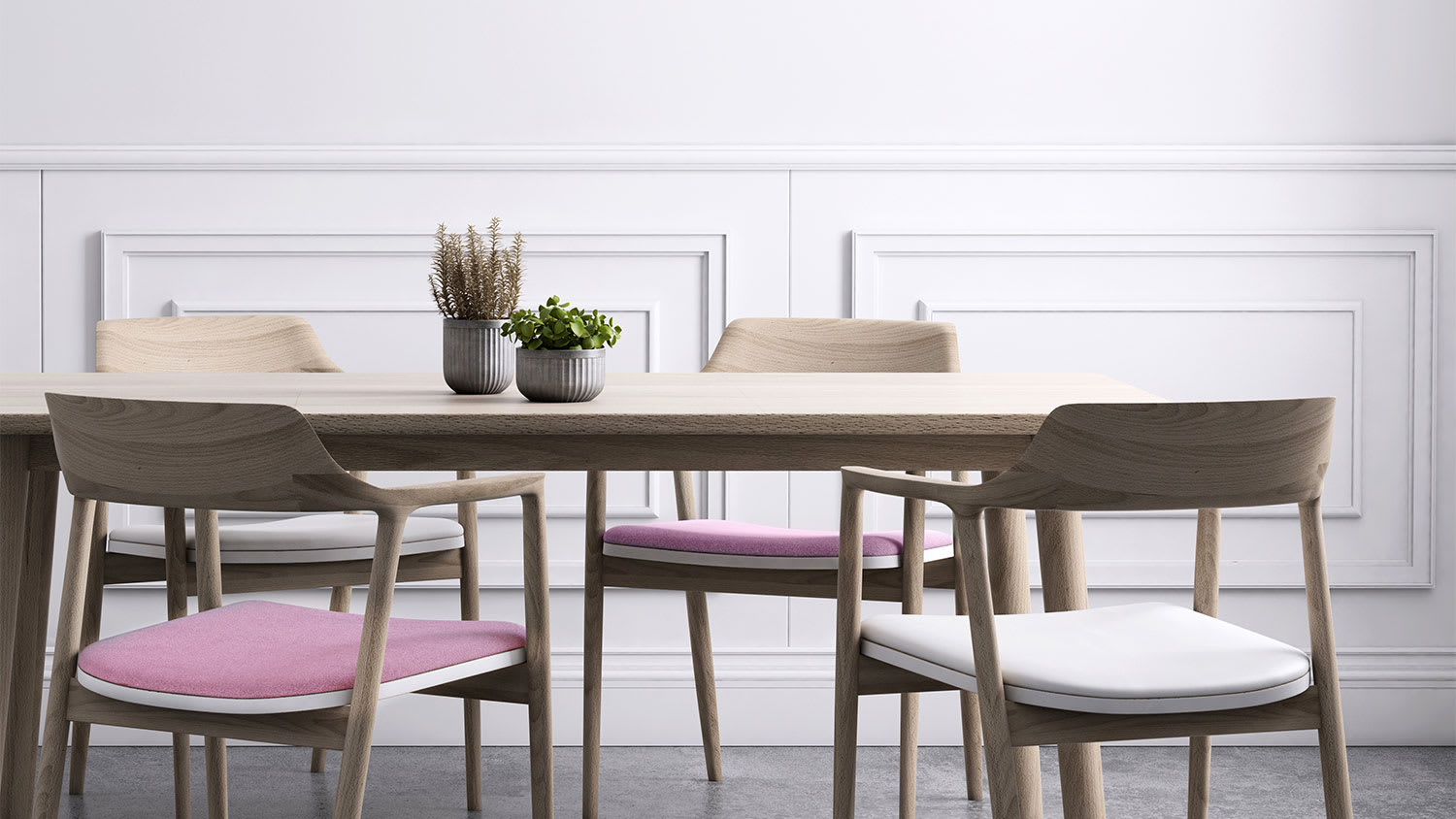 A view of a dining room with wainscoting