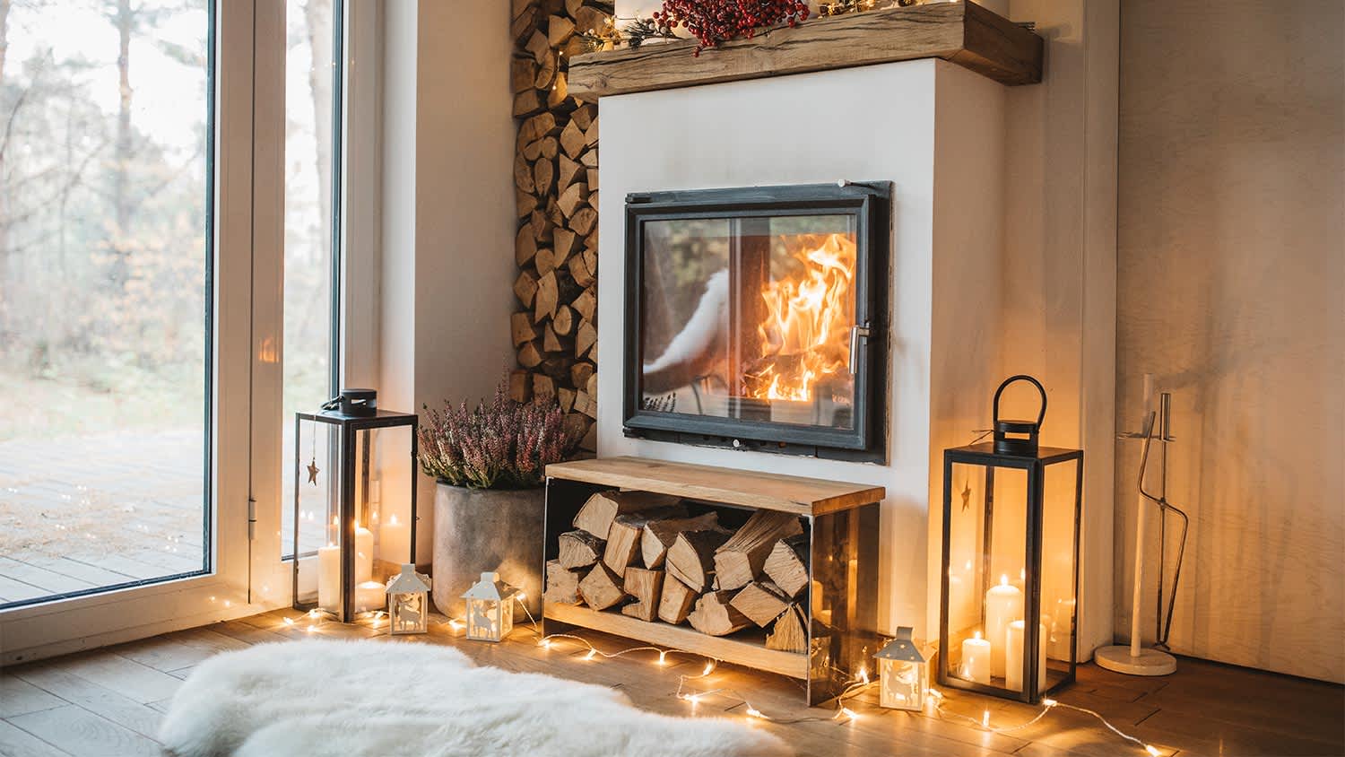 A view of a fireplace and string lights