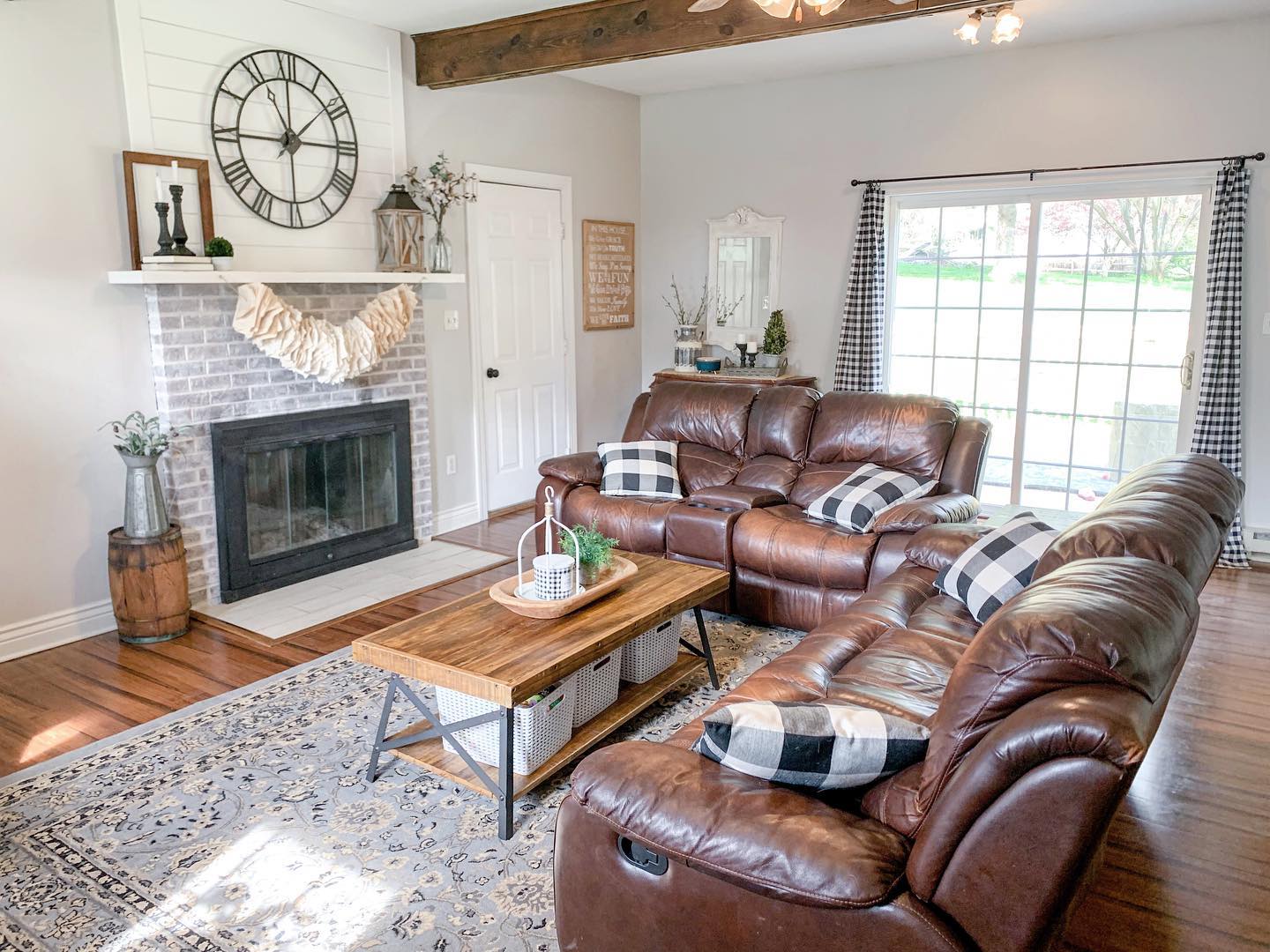 brown leather couch with gray accents