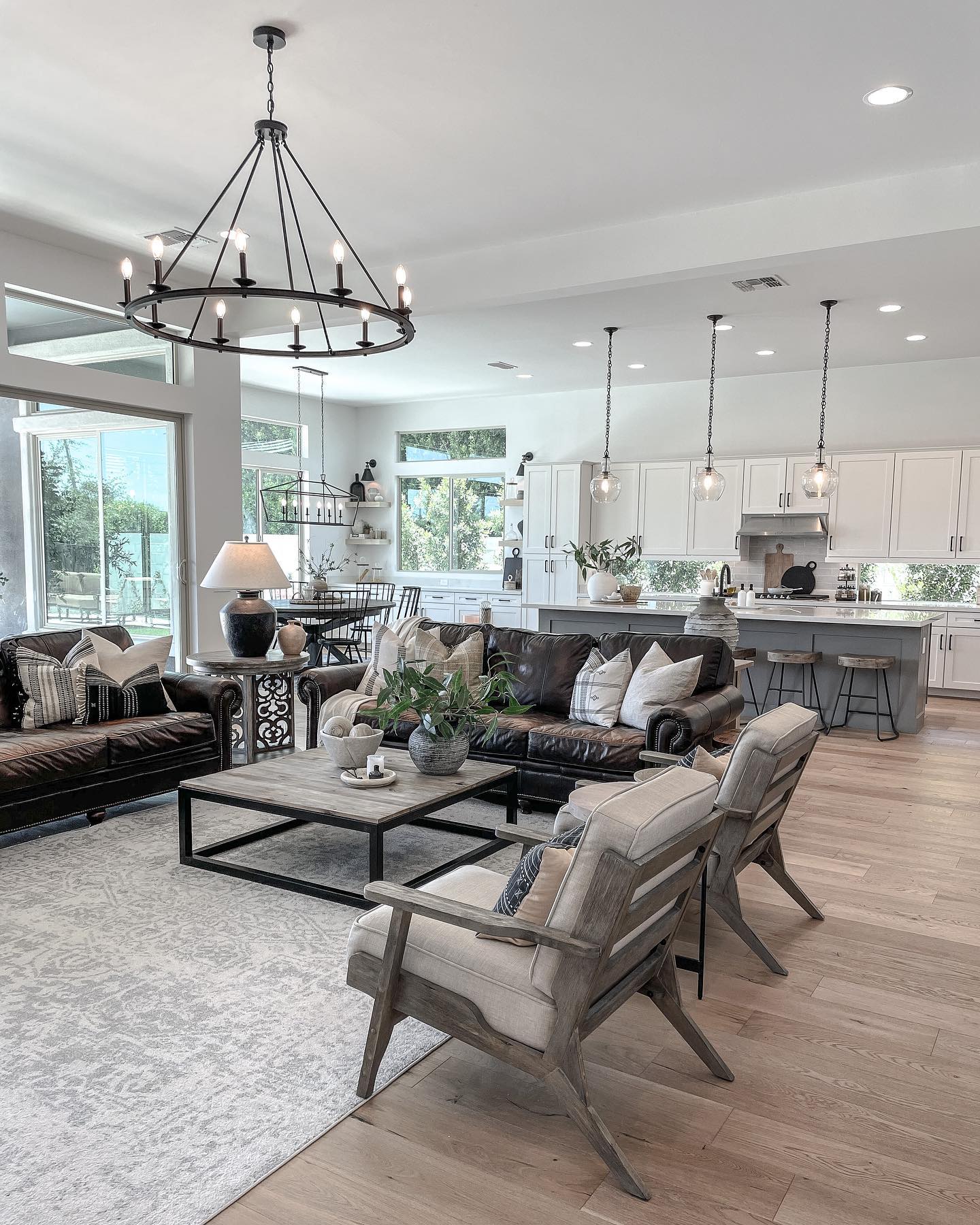Open concept living room and kitchen in gray