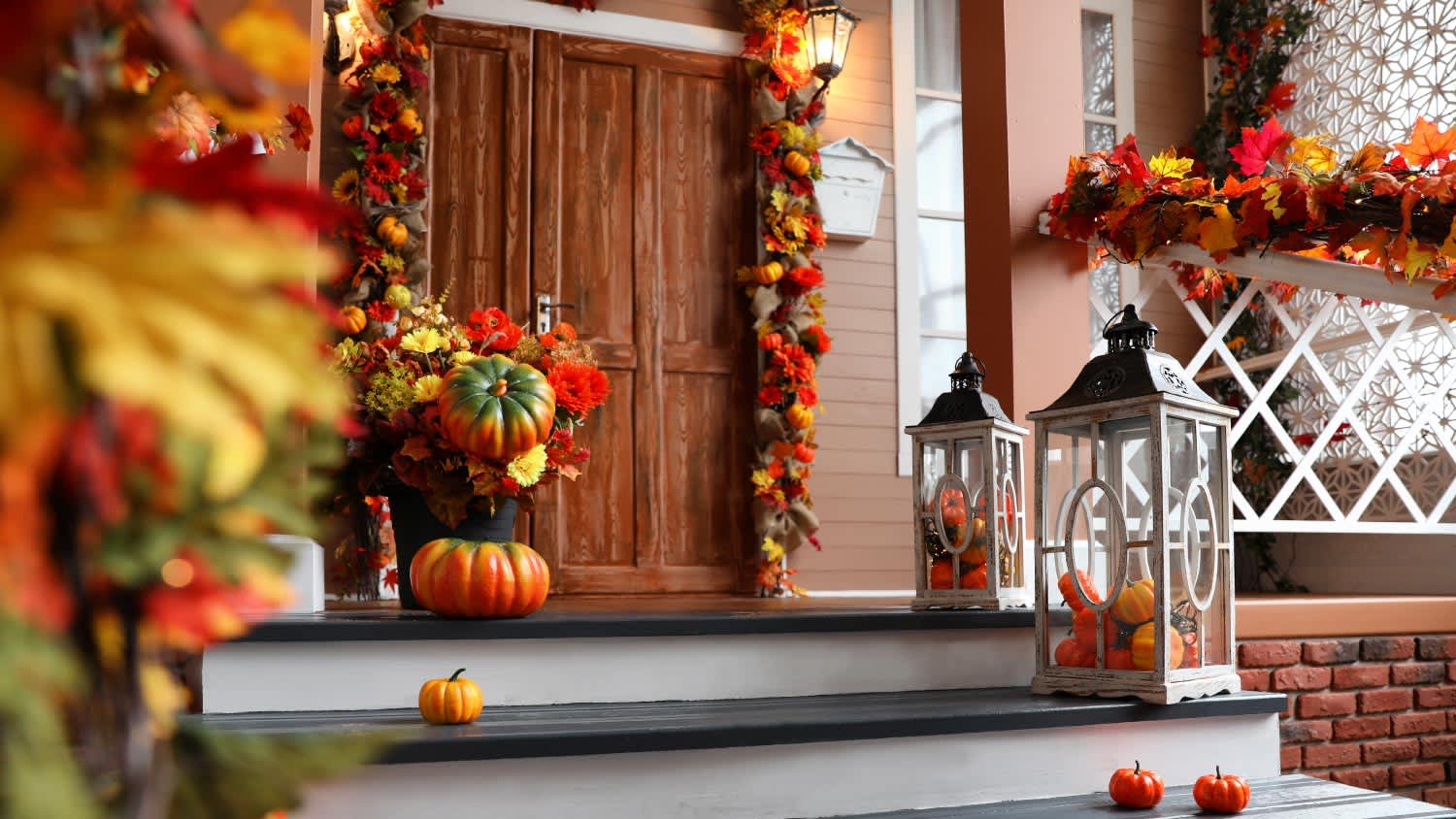 House entrance decorated for traditional autumn