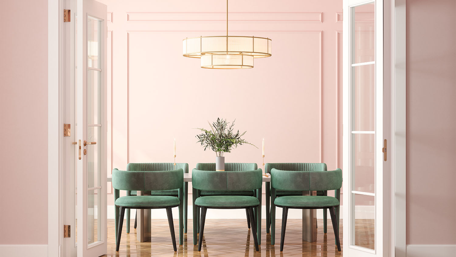 A view of a dining room with light pink walls