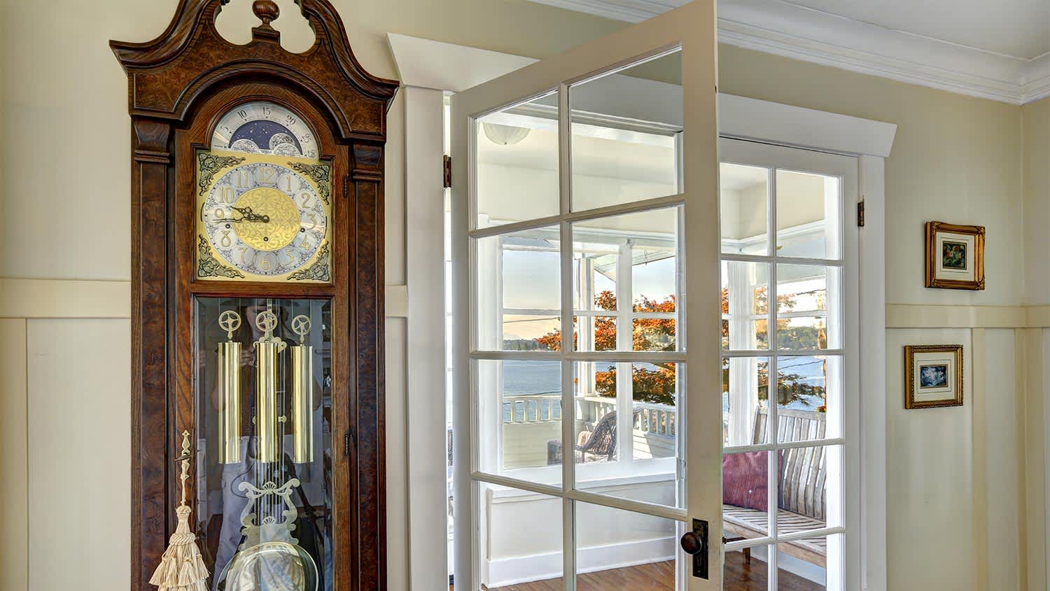 A view of a grandfather clock in a home
