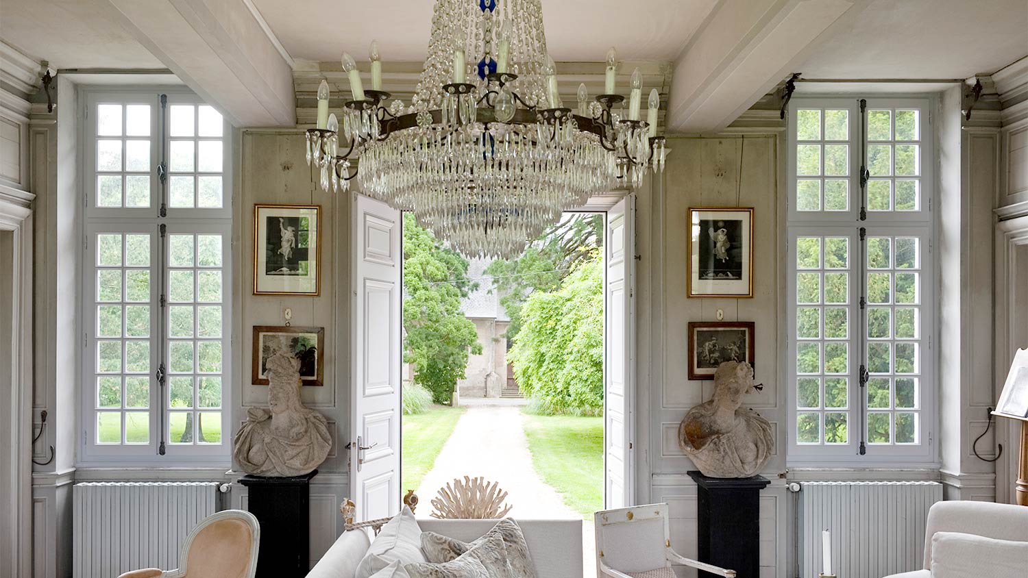 A view of a chandelier in a living room