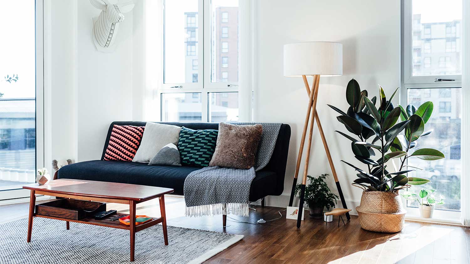 A view of a living room with a lamp
