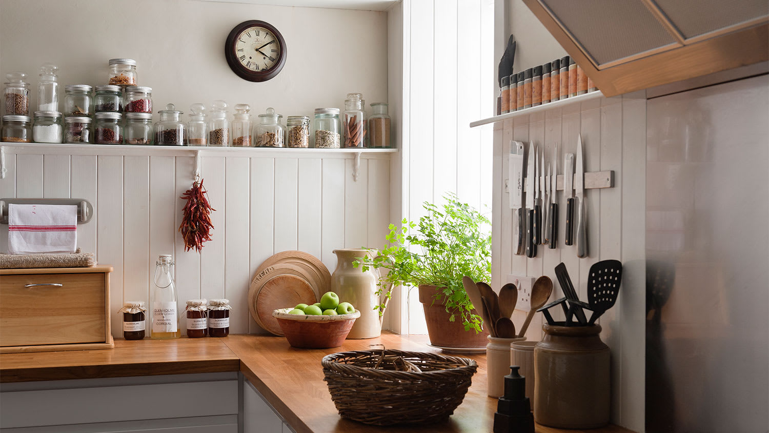 A view of a sunny kitchen with potted herbs