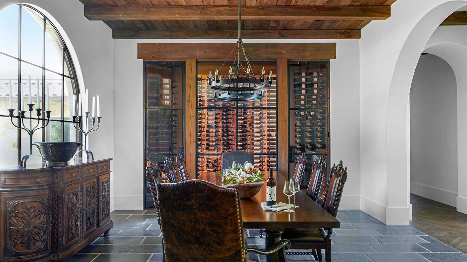 A view of a home interior with a wood accent wall
