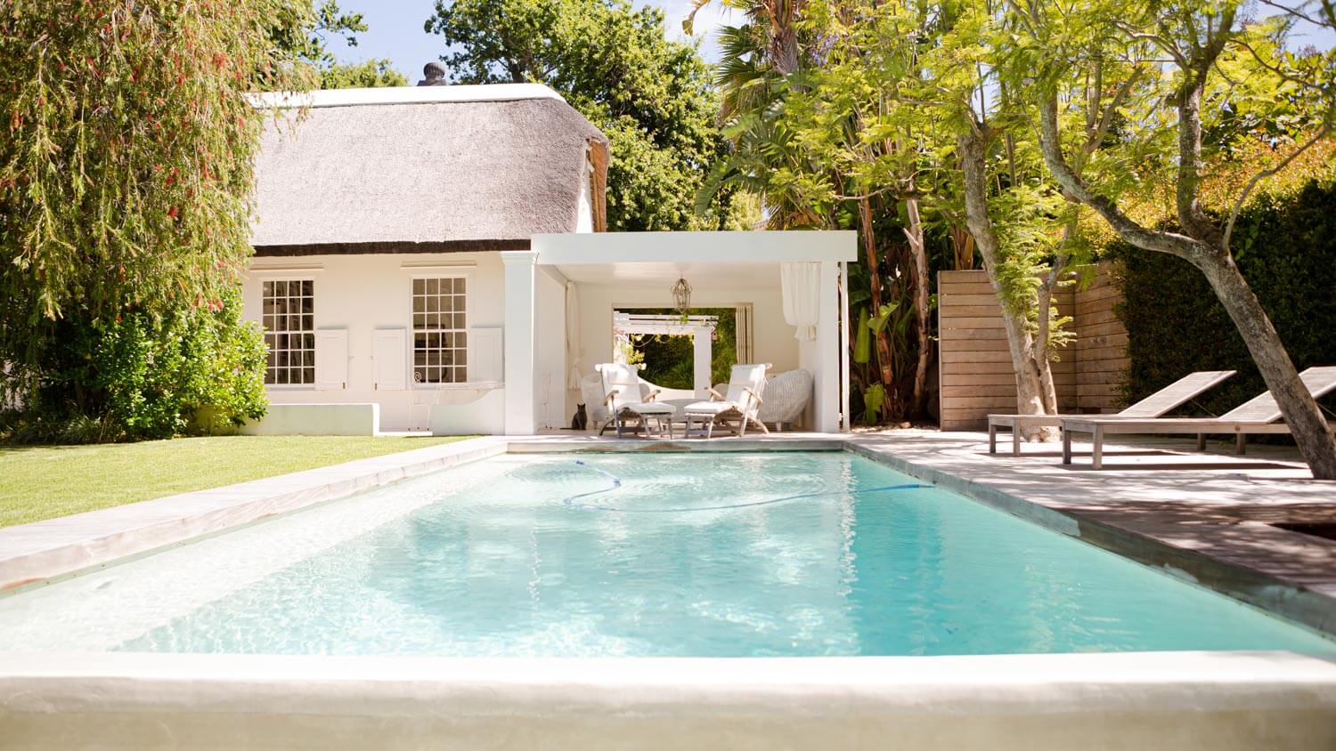 A swimming pool in a backyard surrounded by trees