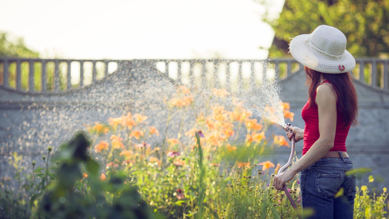 A woman watering her garden with a hose