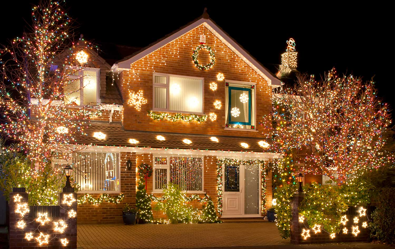 Exterior of a house decorated with Christmas lights