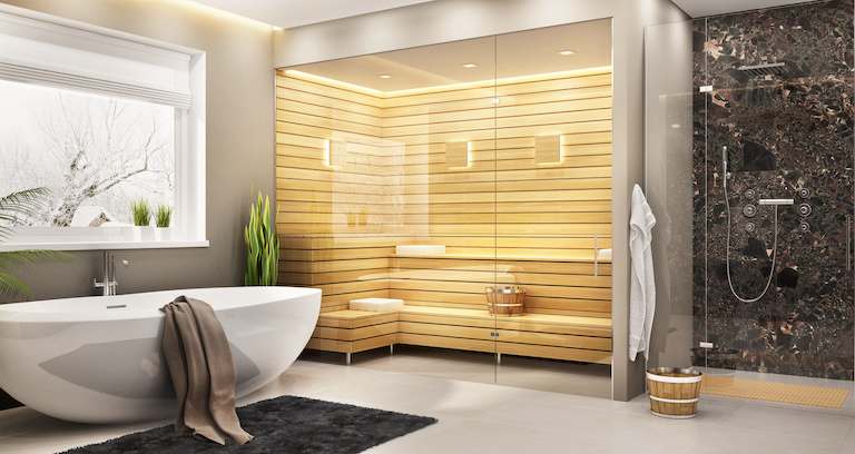 a wood sauna in a home bathroom