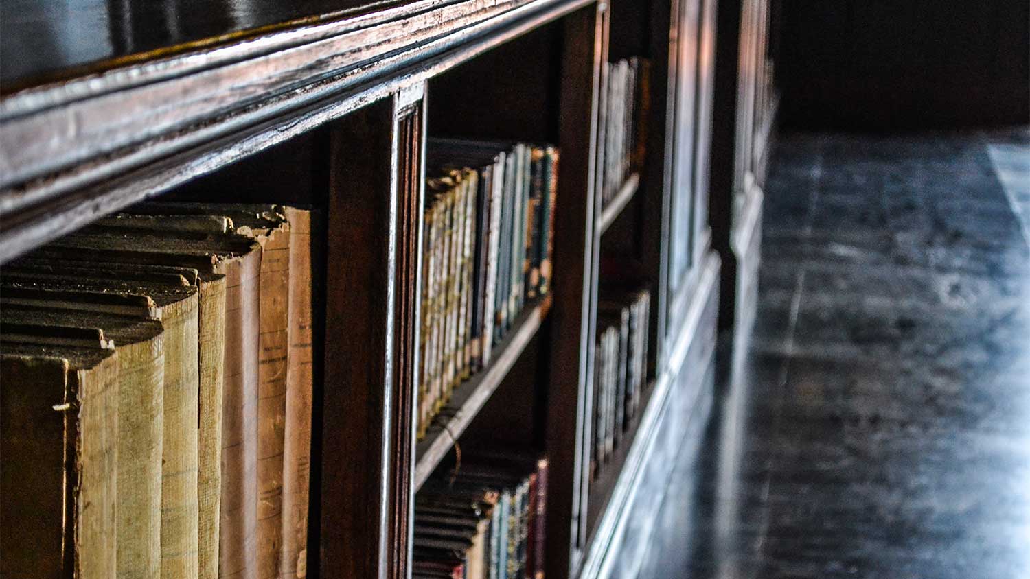 A closeup view of bookshelves