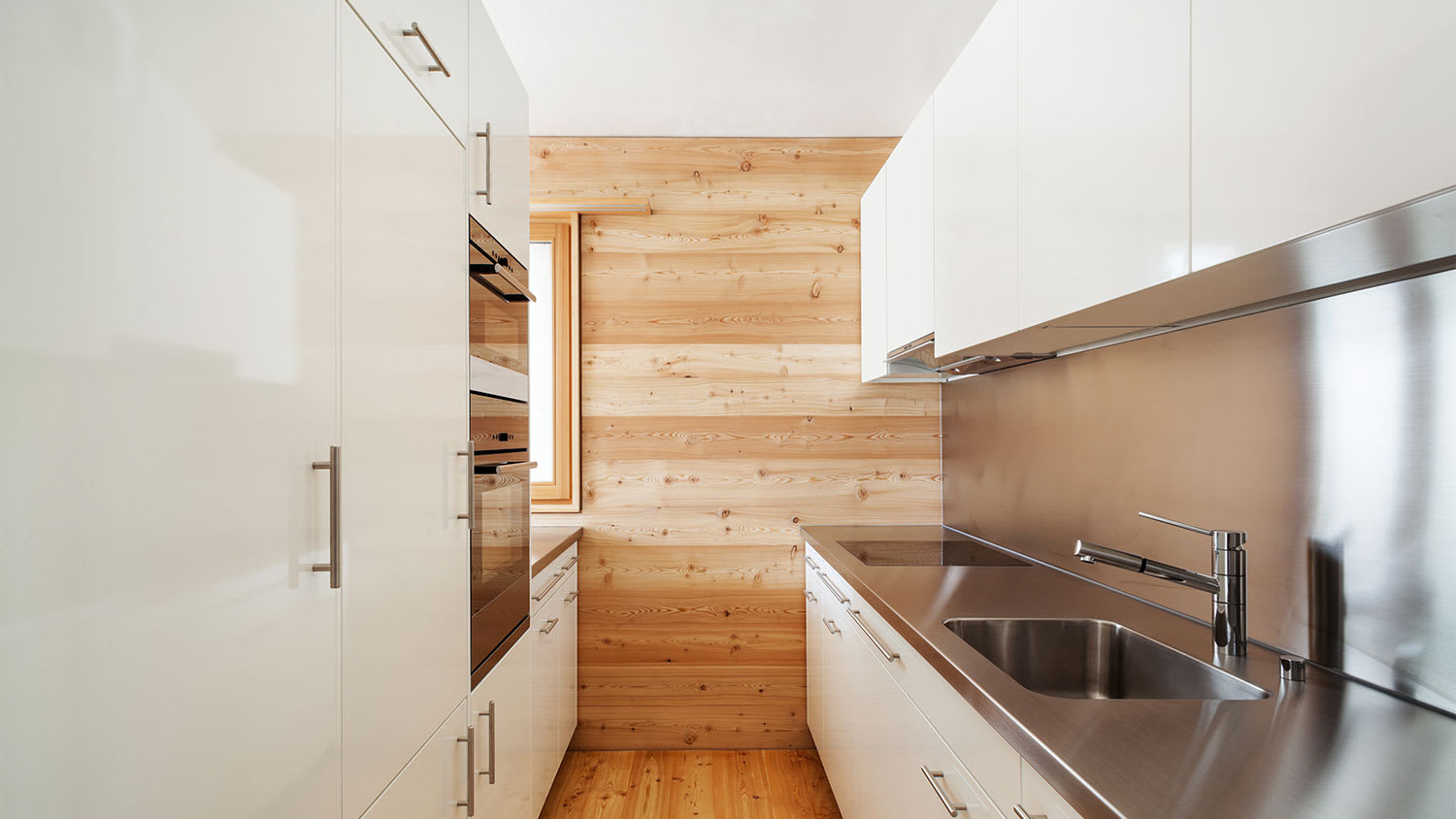A view of a galley kitchen