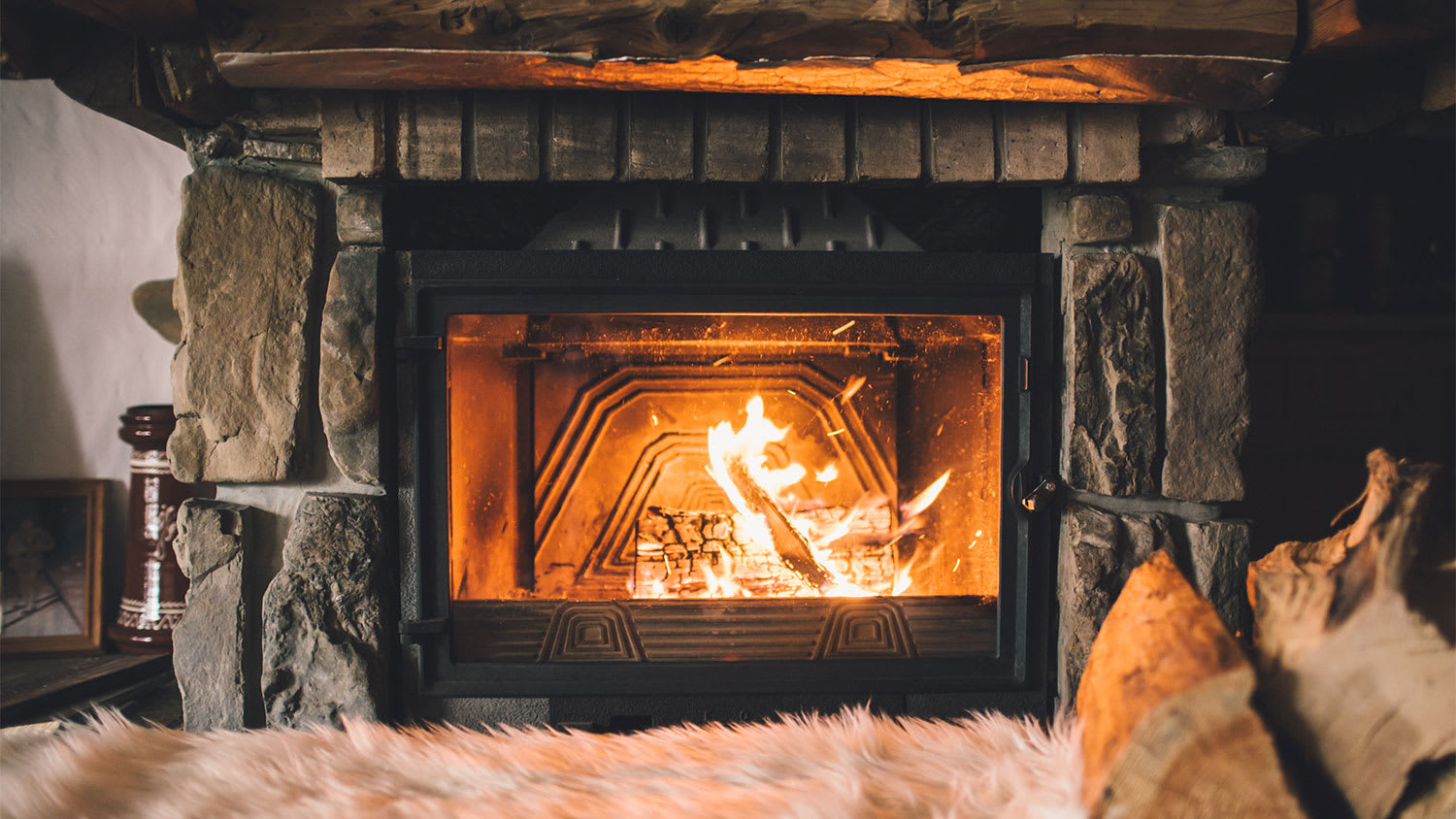 A view of a wood-burning fireplace