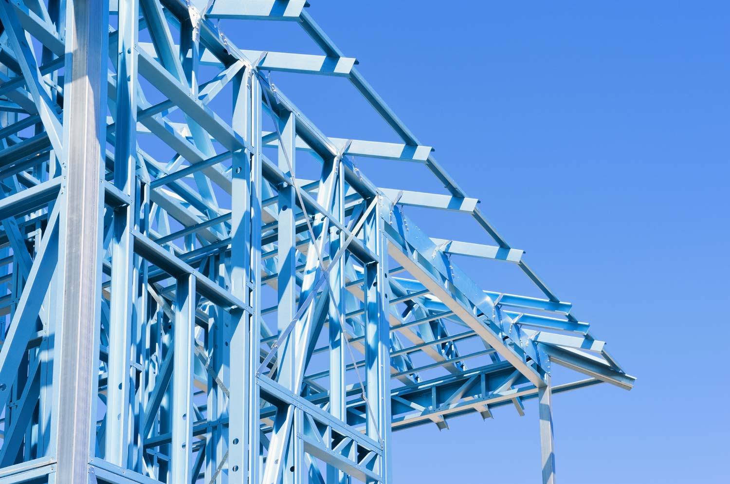 A close up of a steel framing house