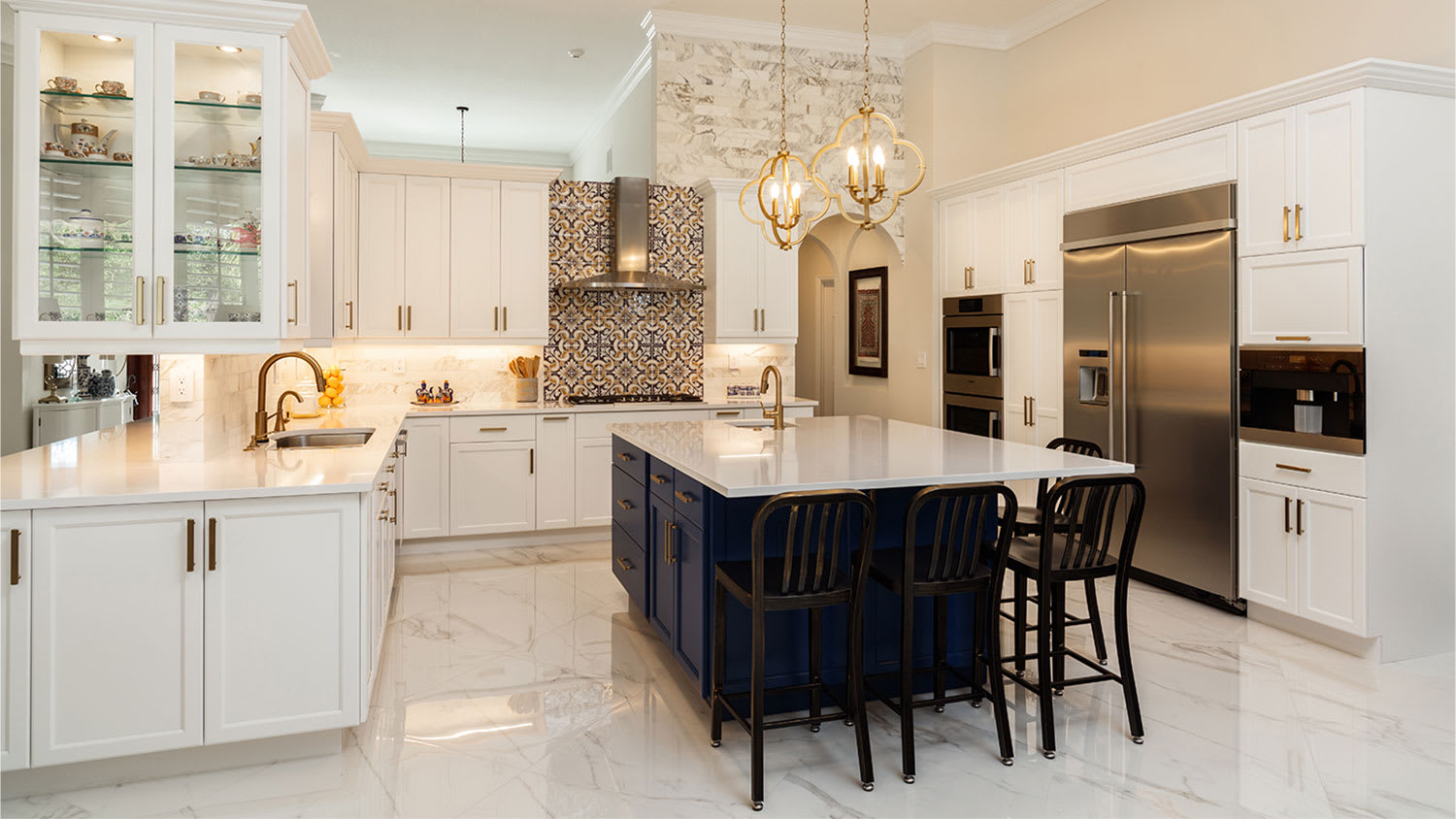 modern white kitchen with marble floors