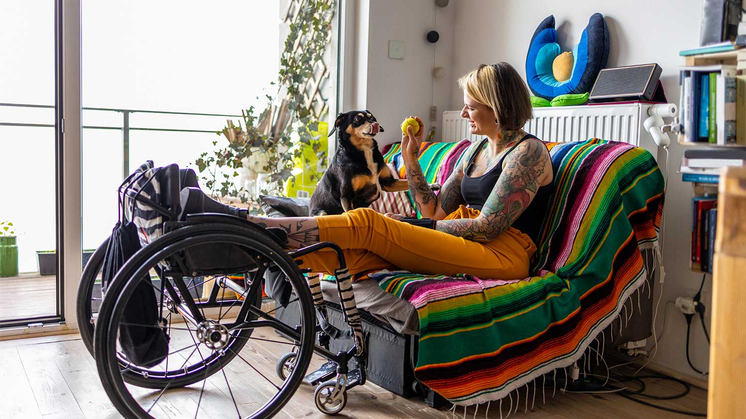 A woman plays with a dog in a living room
