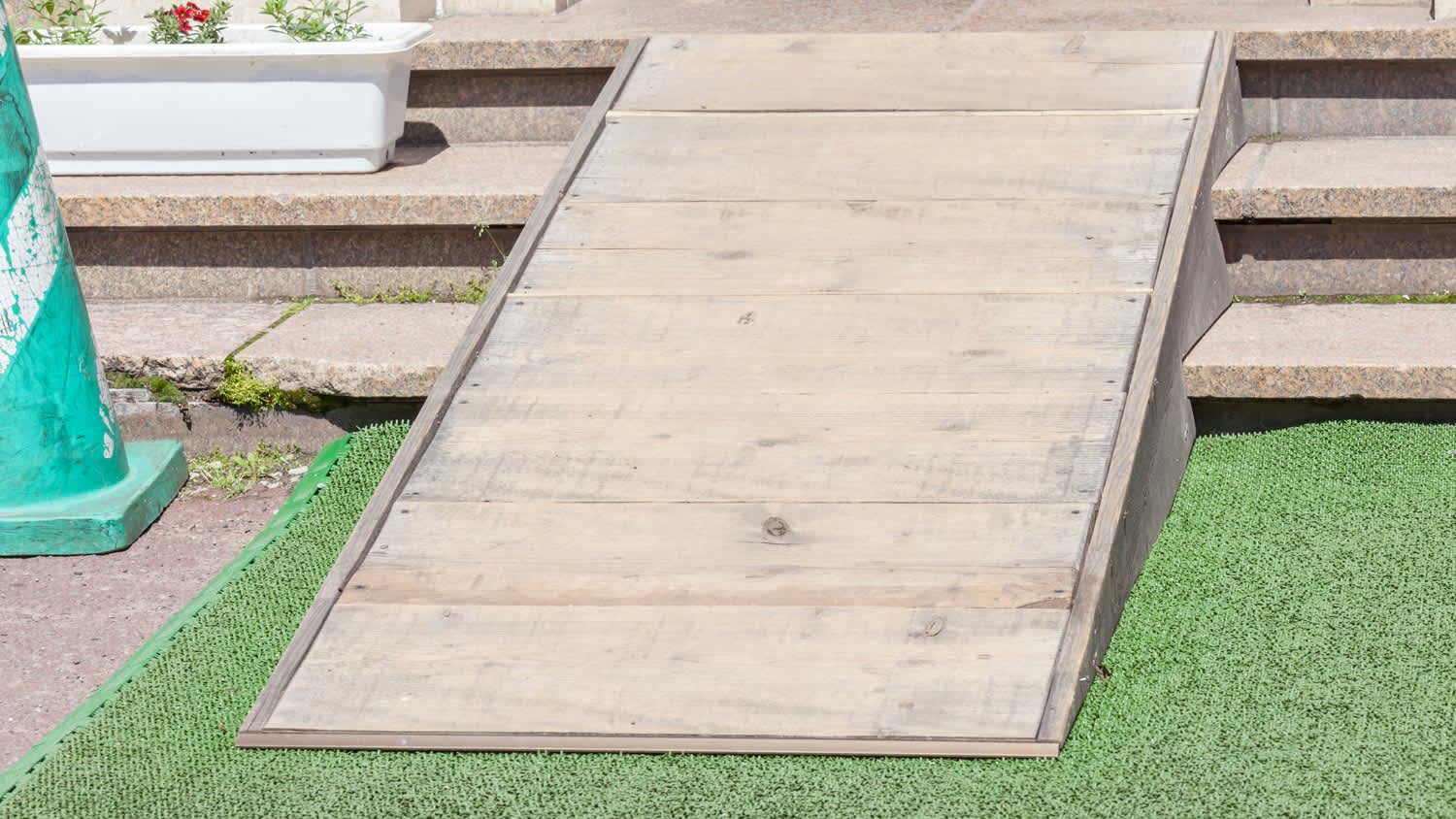 Close-up of a wooden wheelchair ramp