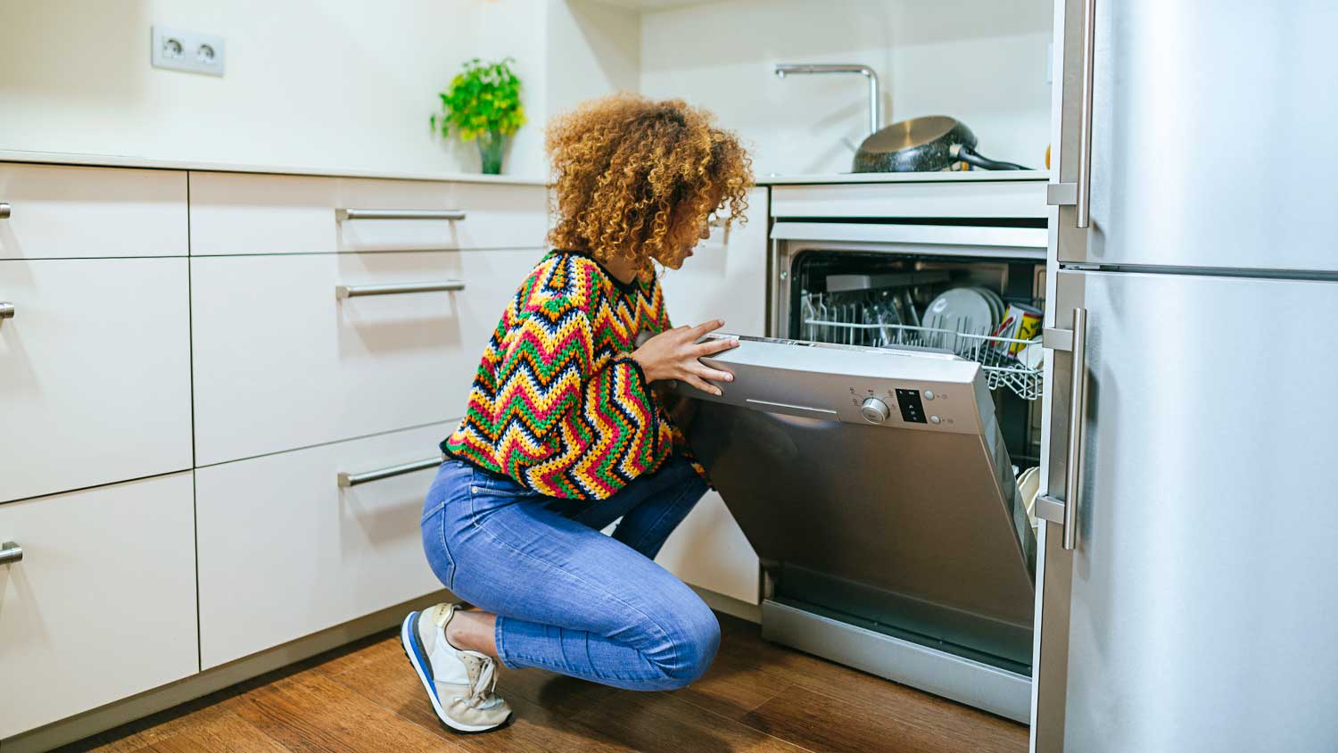 Woman in her apartment loading dishwashe