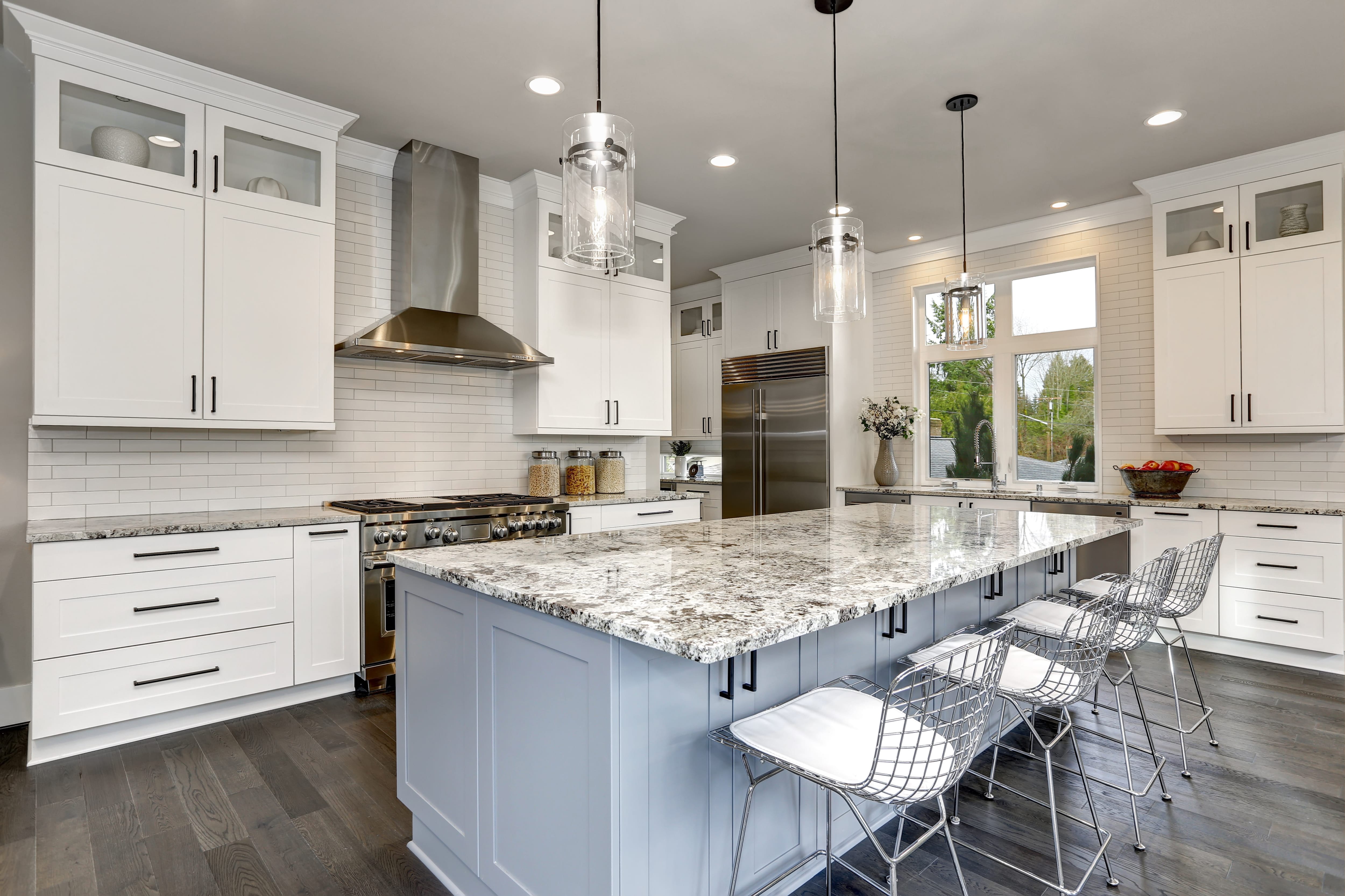 Marble counter-height countertops in large kitchen