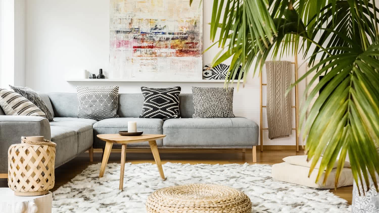 A cozy living room with comfy sofa and plants