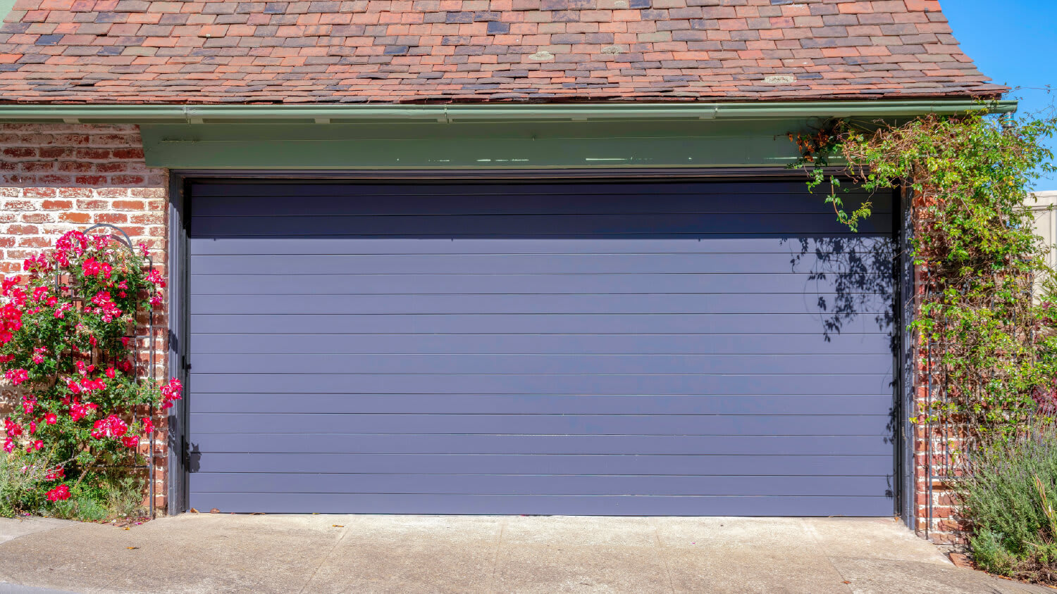 blue roll-up garage door with trailing plants on sides