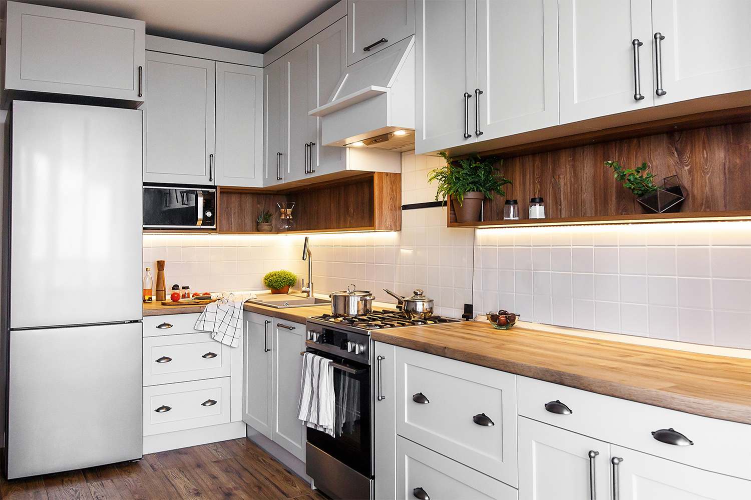 Modern kitchen with wooden countertop