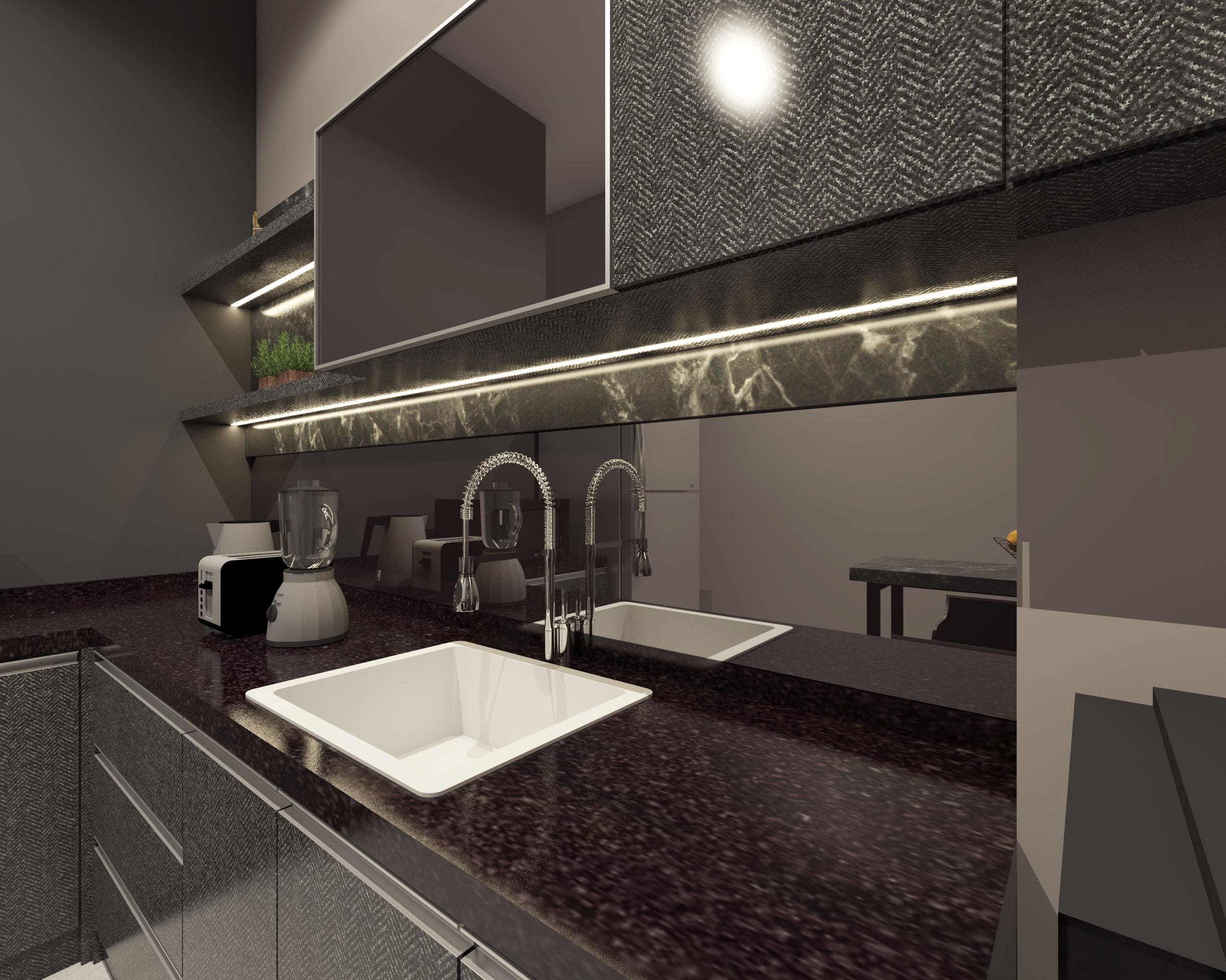 A mirror backsplash on a wet bar countertop