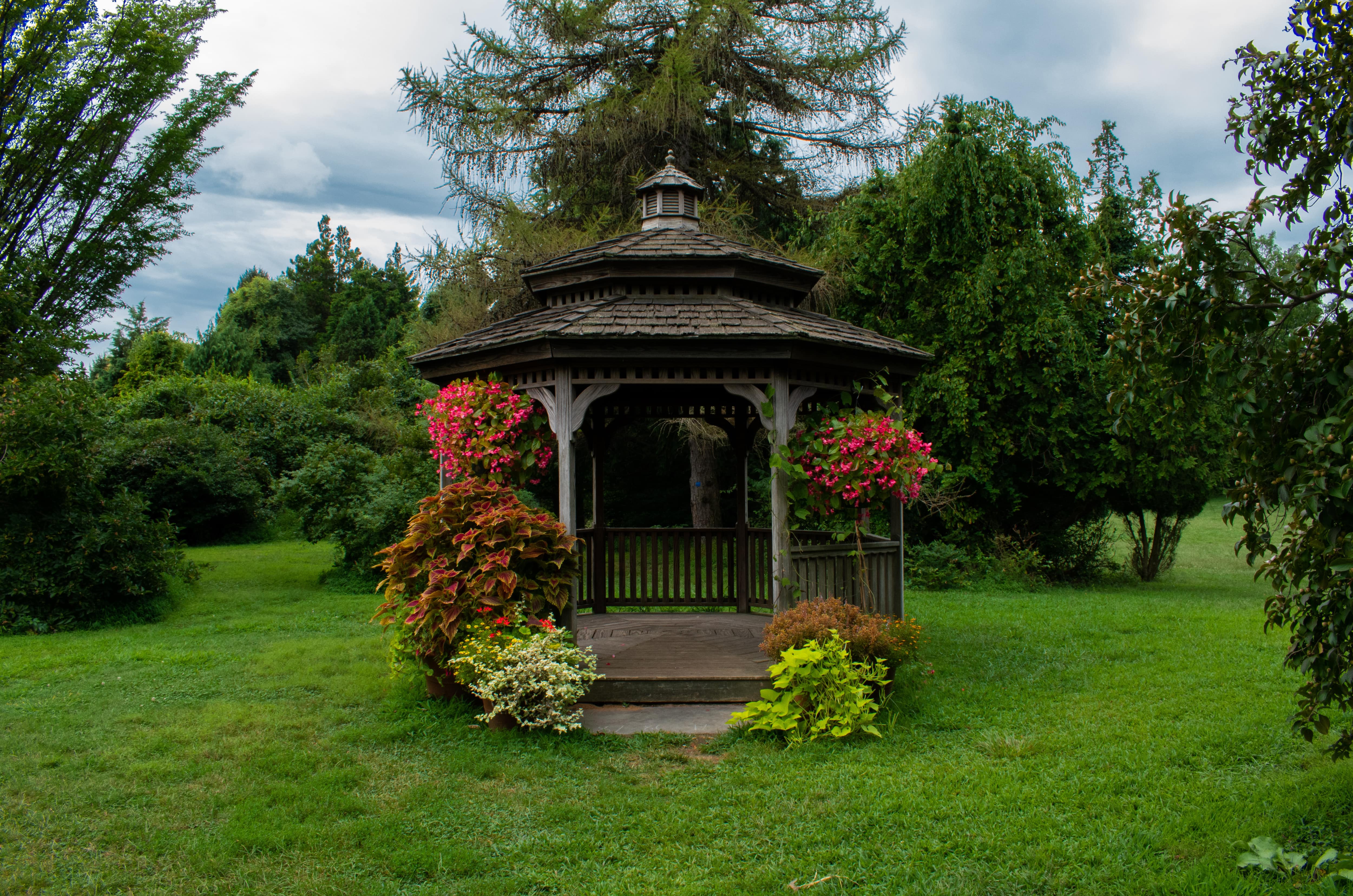 Wooden gazebo with tiered roof