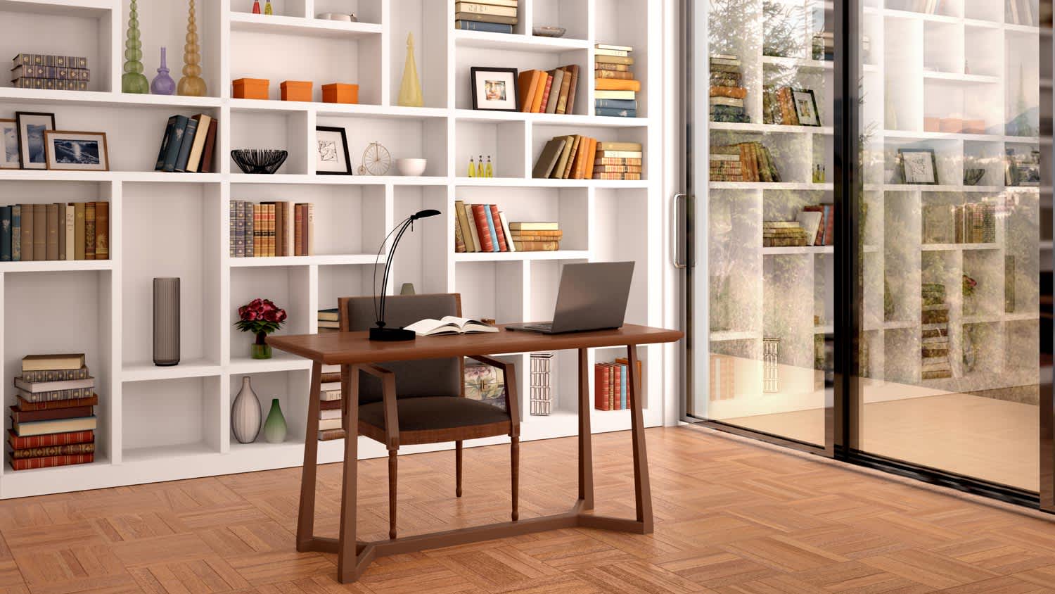 A bright home office with a bookcase