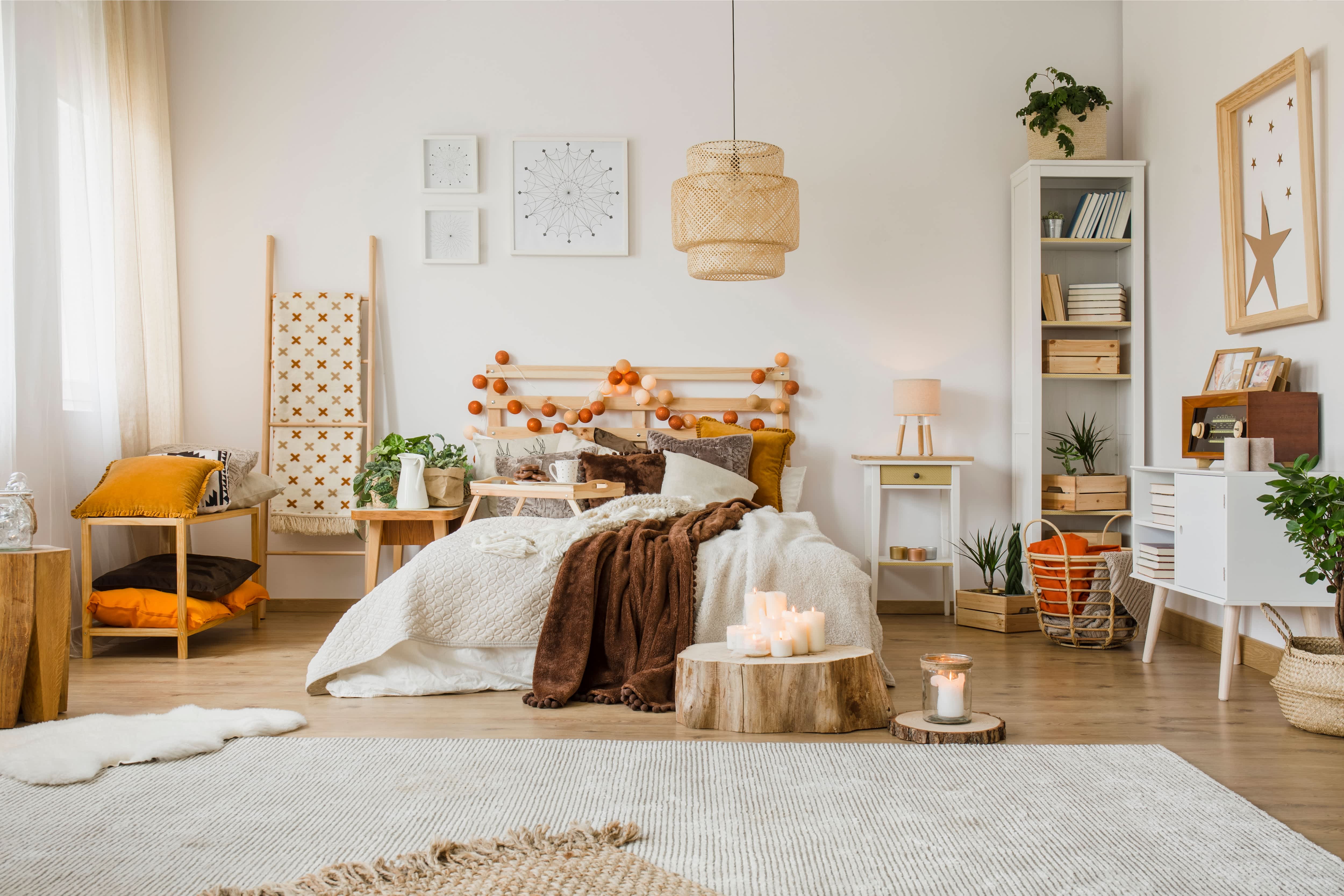 Bohemian-styled bedroom with candles