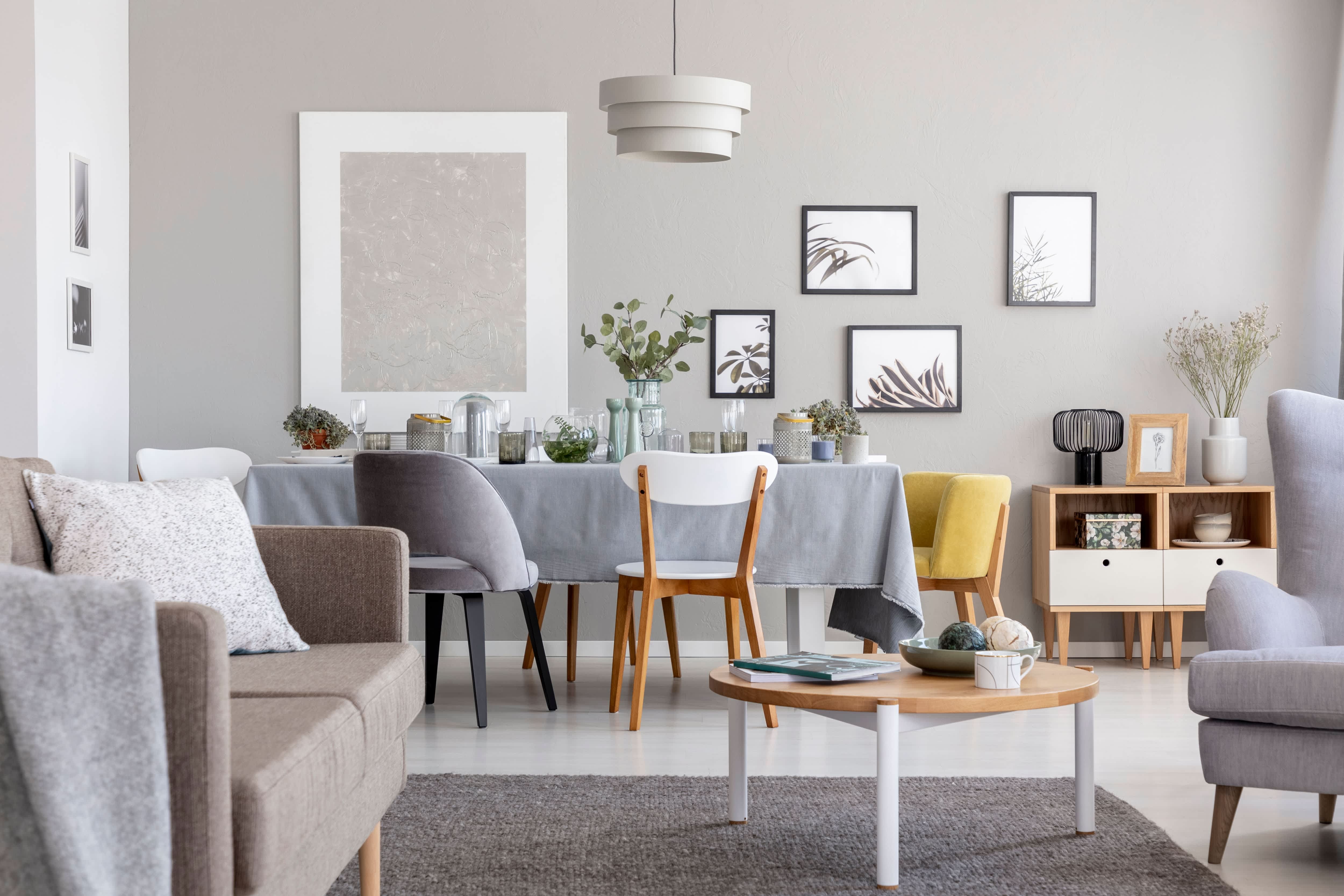 Gallery wall in open-concept dining room