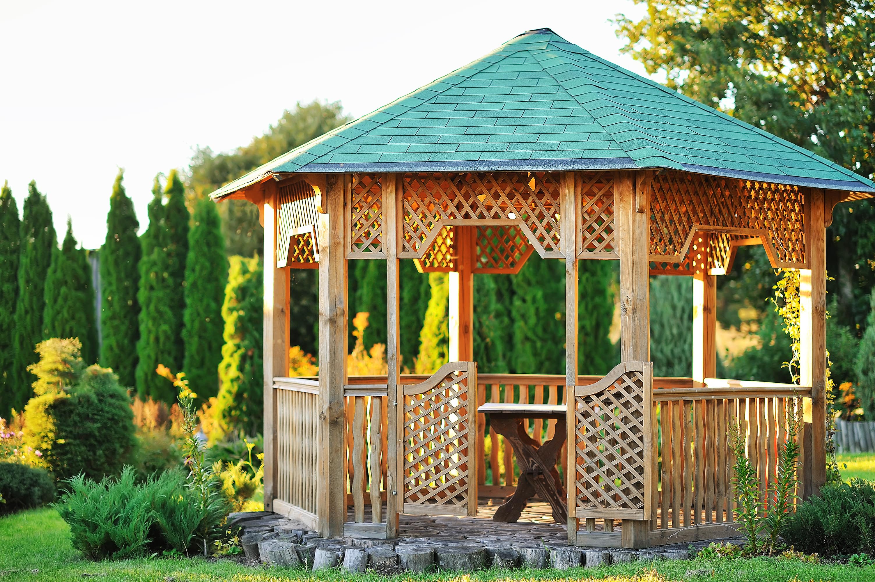 Shingled roof covering wooden gazebo