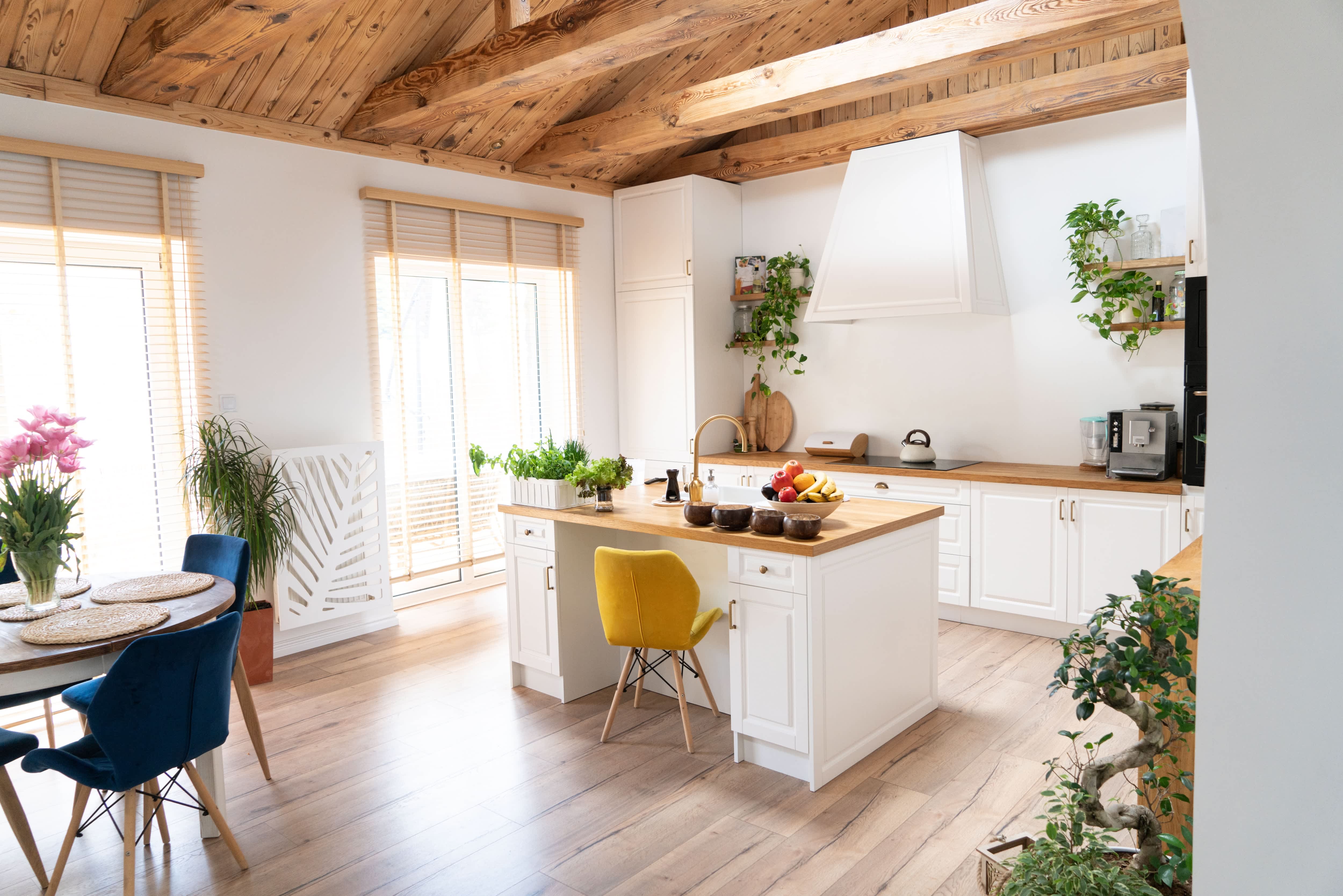 White boho kitchen with butcher block countertops