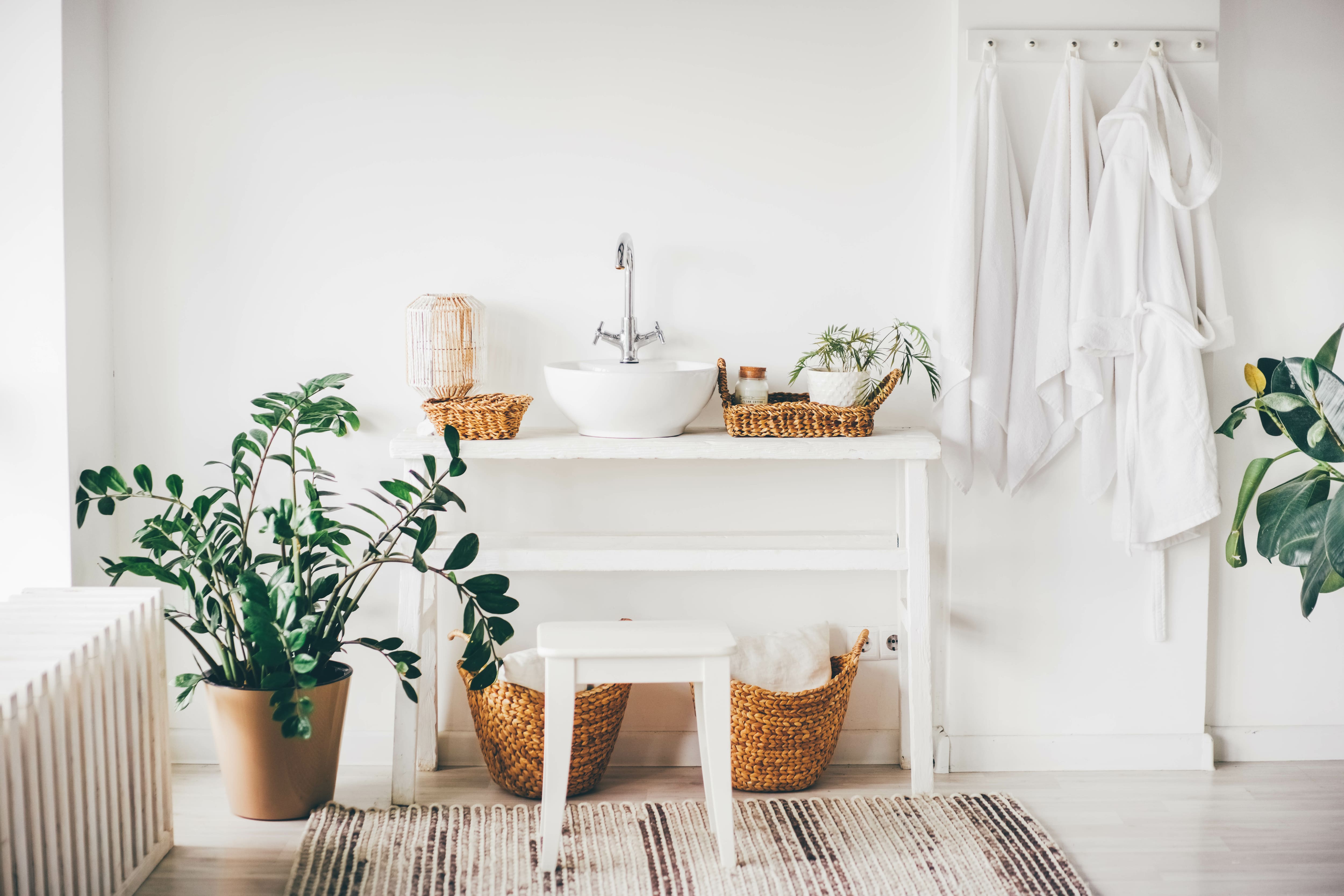 Woven baskets in boho-inspired cabinets