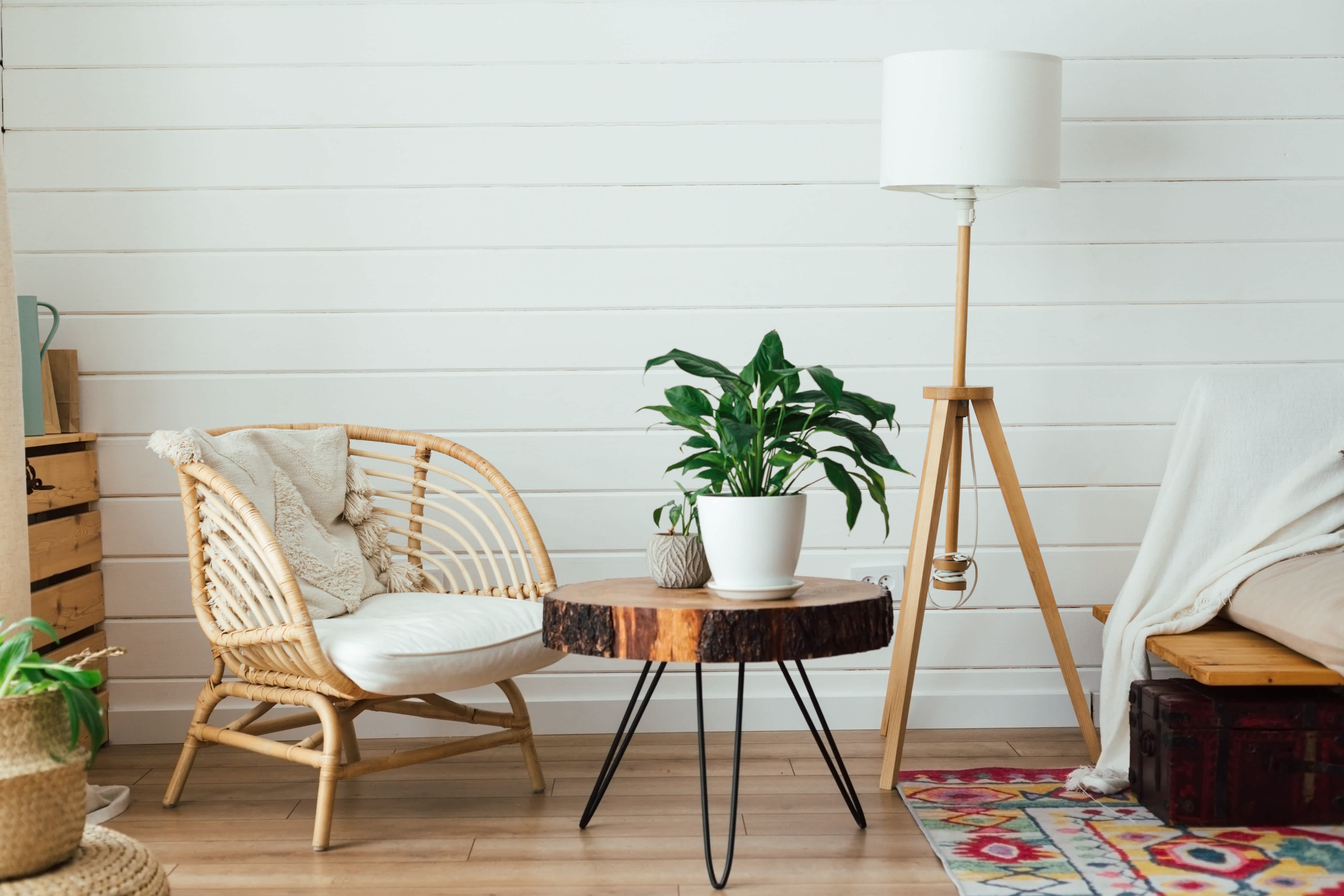Shiplap wall with boho furniture and accents