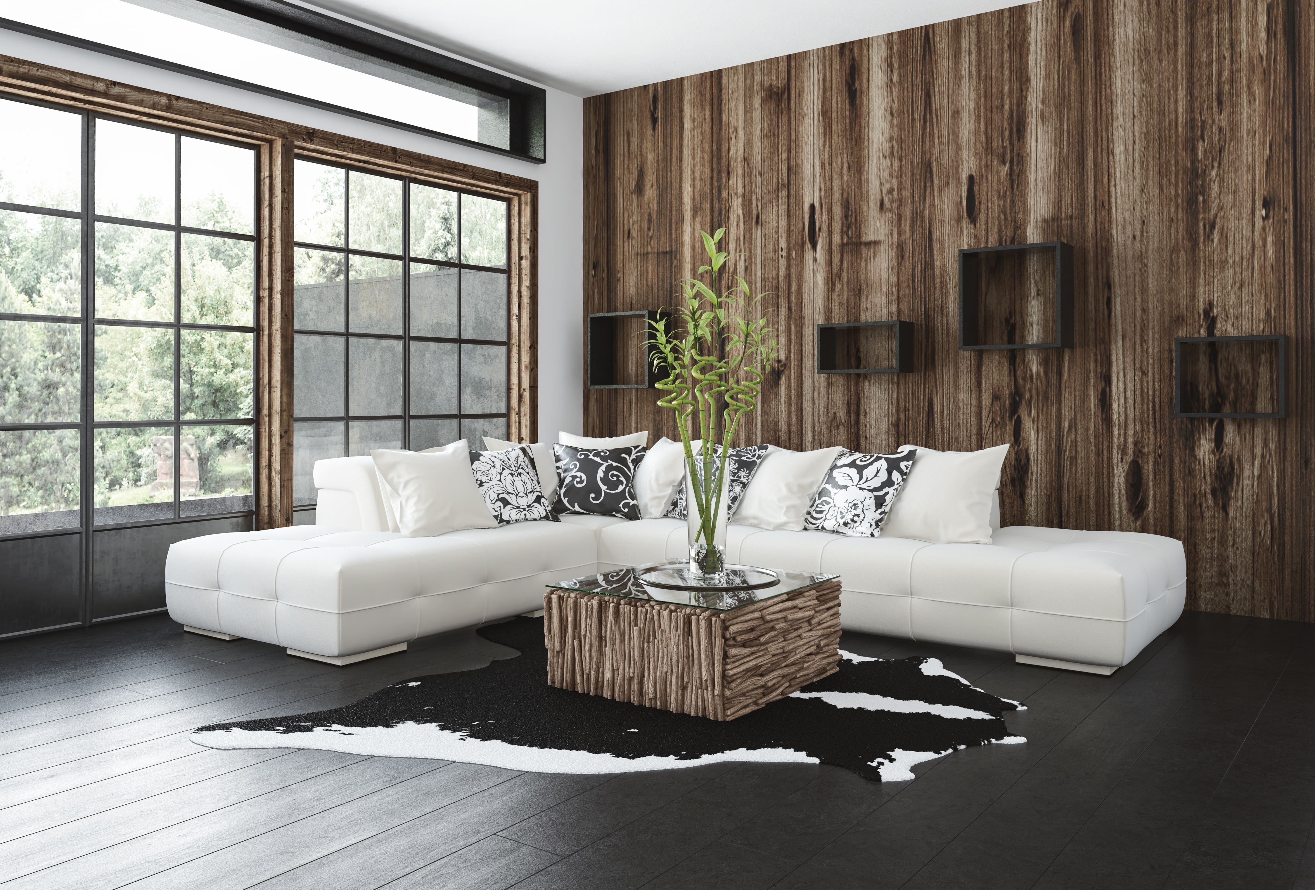 Modern living room with wood paneling accent wall