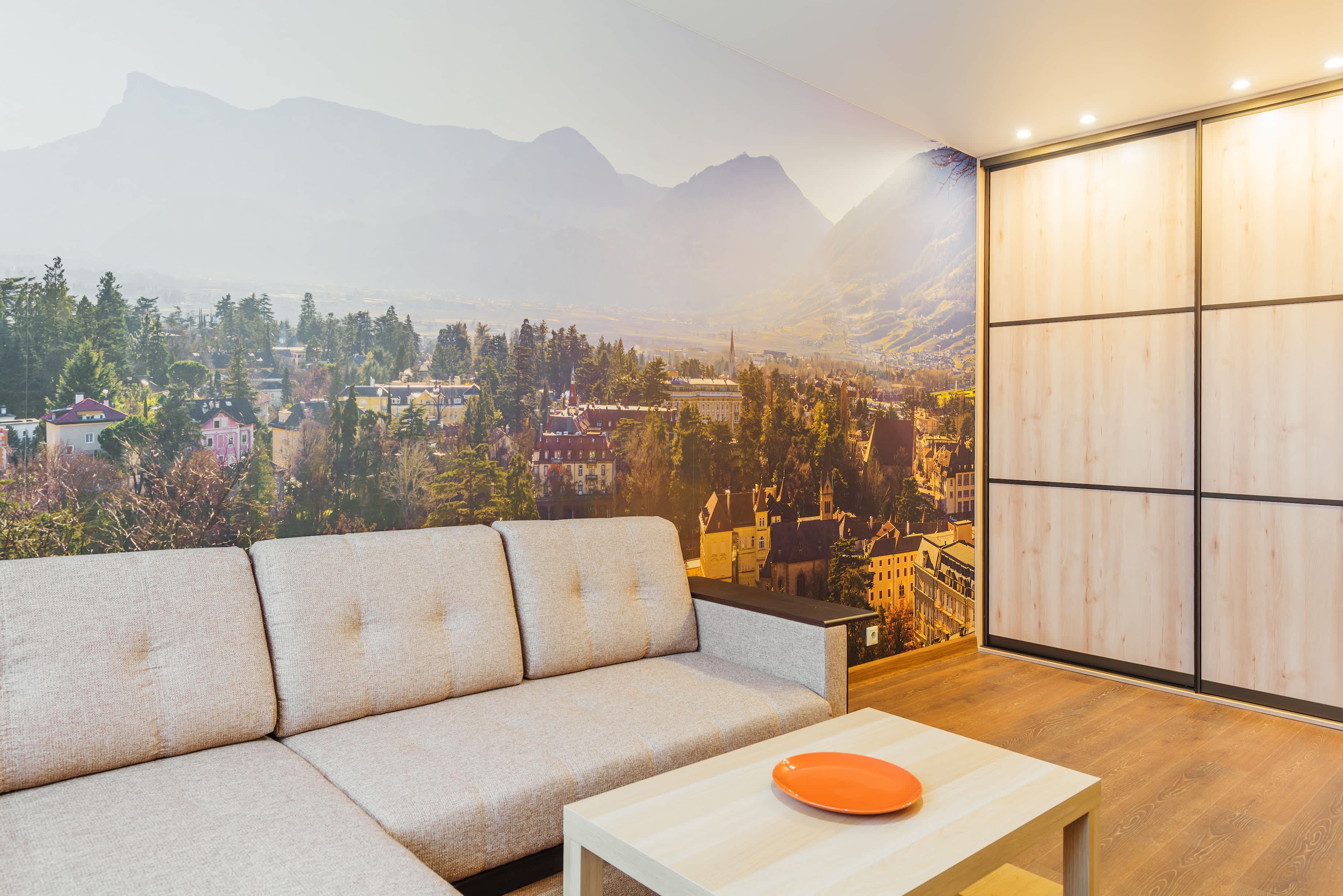 Living room with life-size printable mural