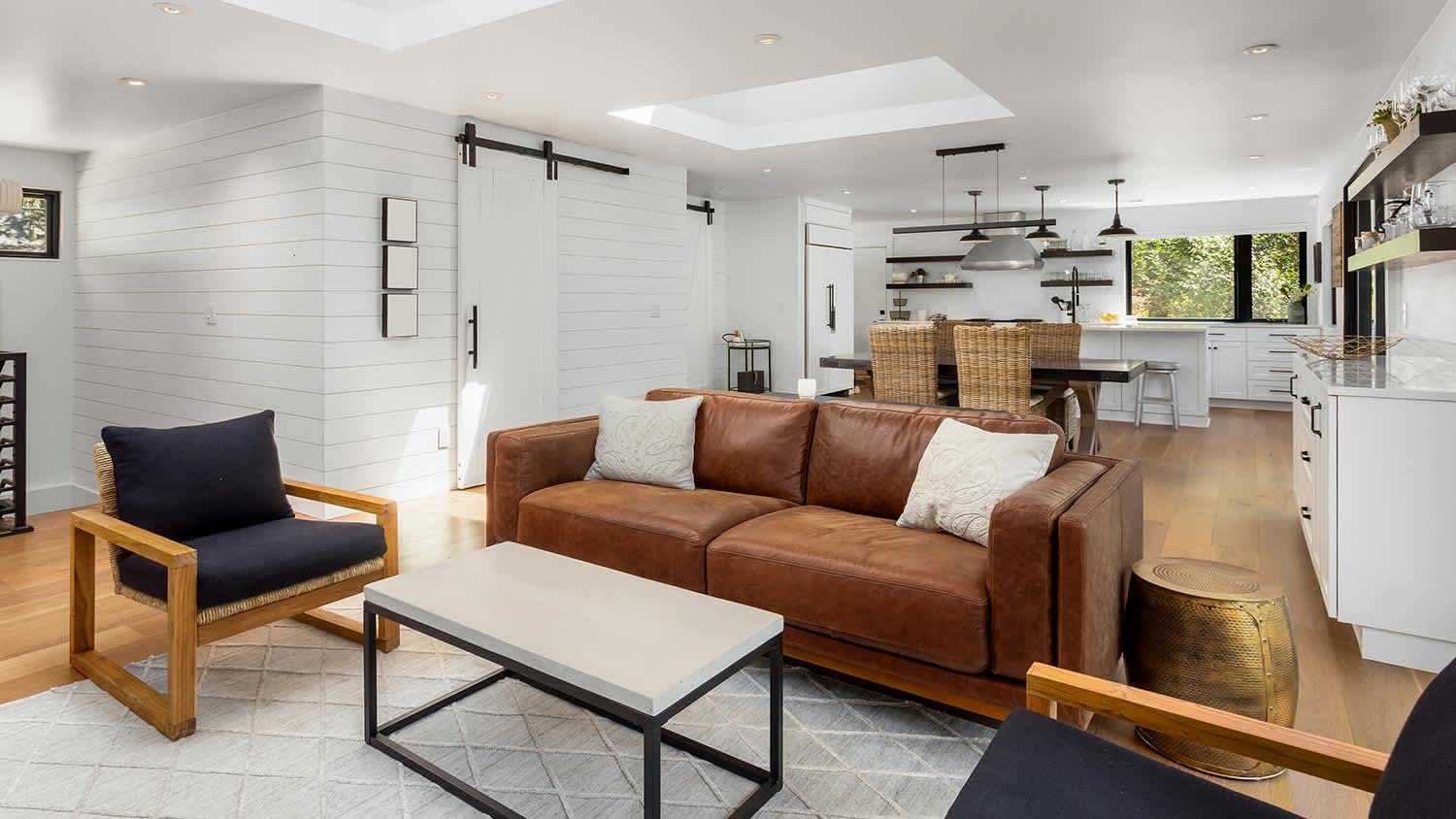 Open concept floor plan with white shiplap
