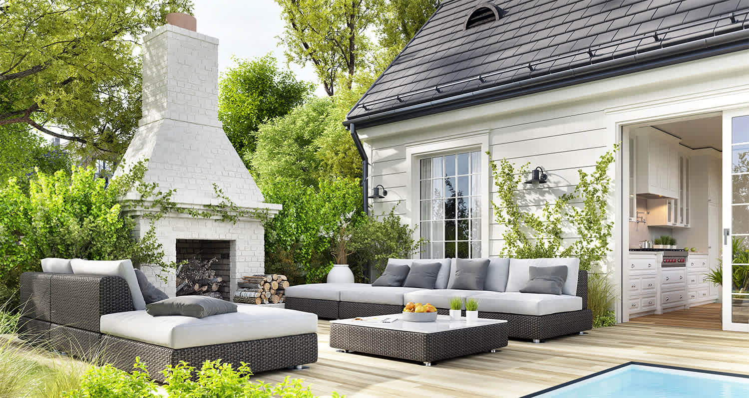 Modern outdoor patio with fireplace