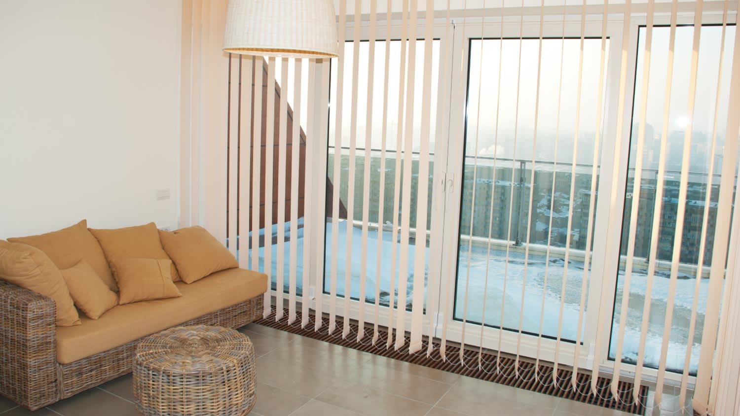 A modern room with vertical blinds