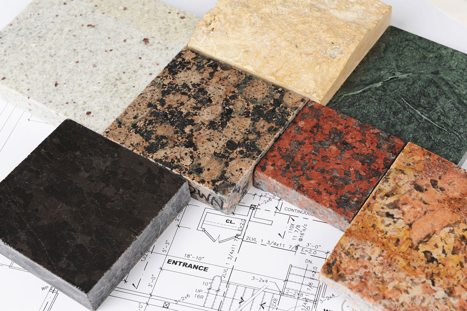 granite samples and blueprint