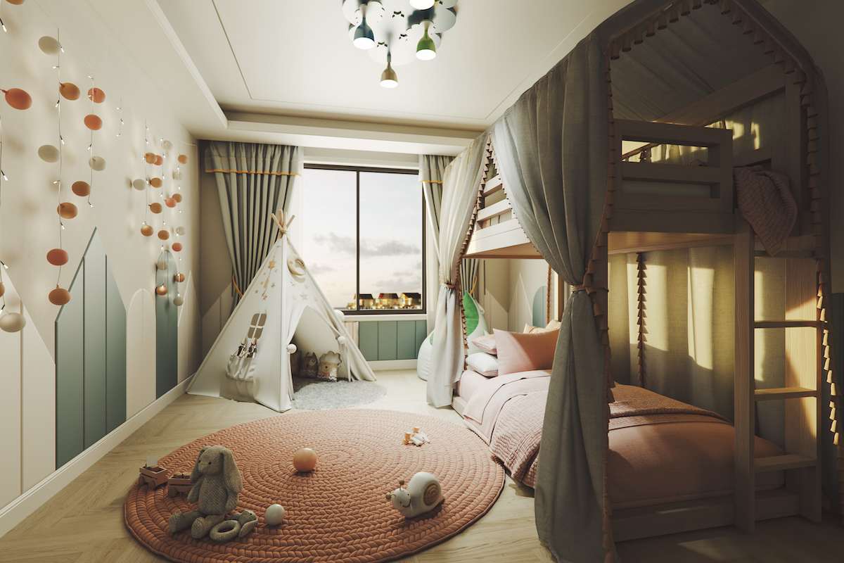 modern children's bedroom with bunk beds, stuffed animals on the floor, and a white tent by the window