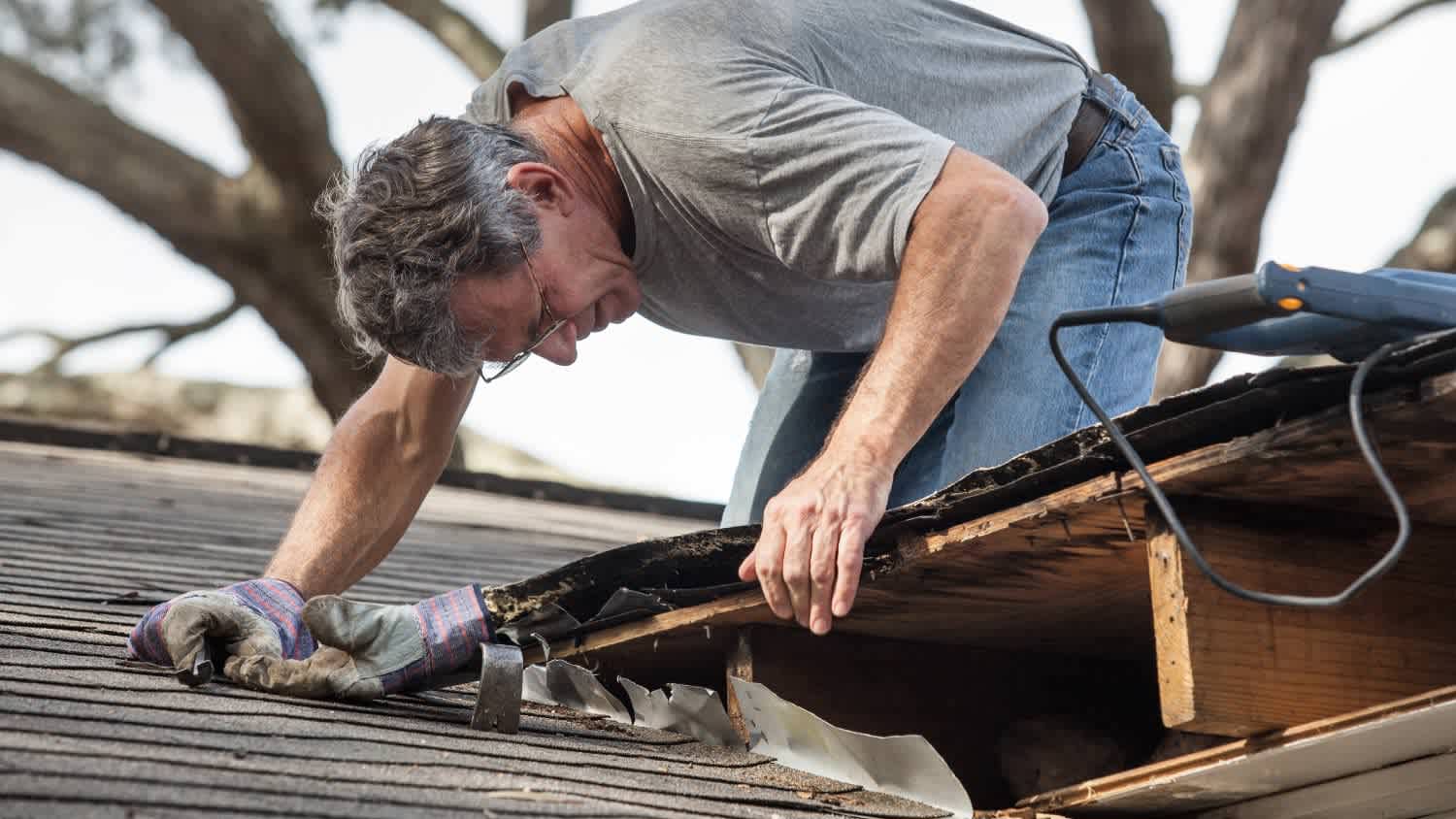 A man repairing rotten leaking roof