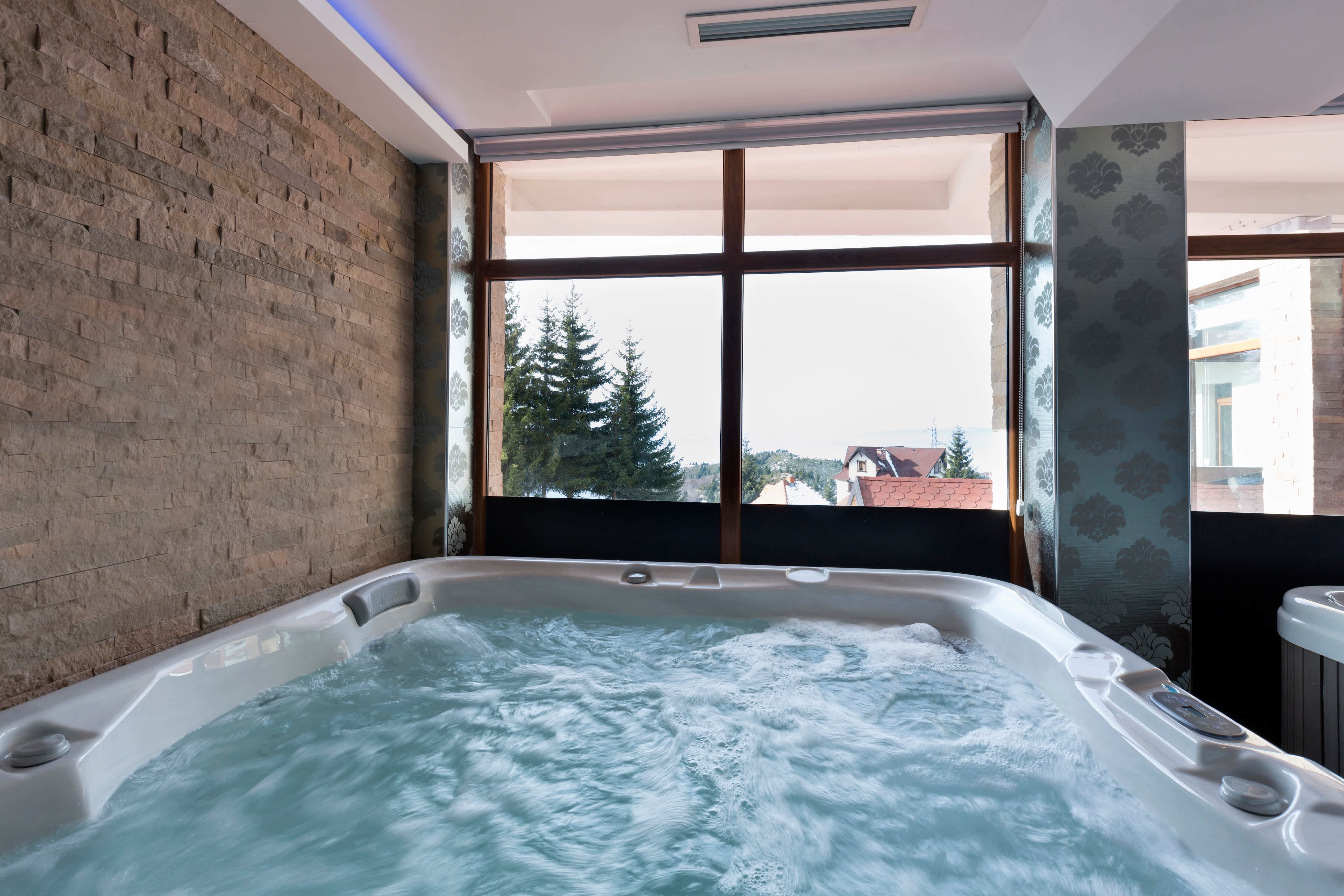 A close-up image of an indoor Jacuzzi