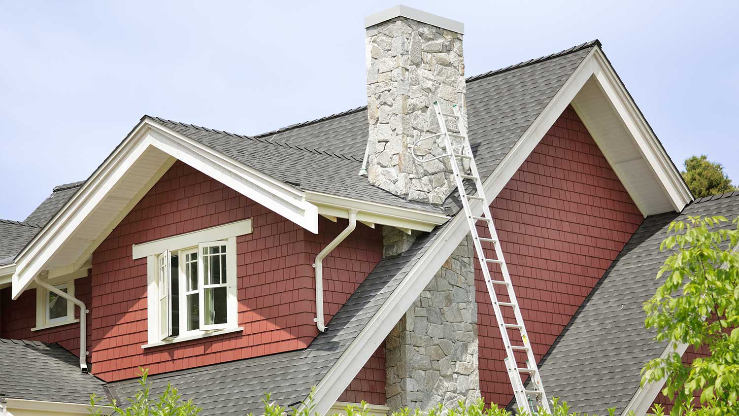 A view of a ladder leading to a chimney