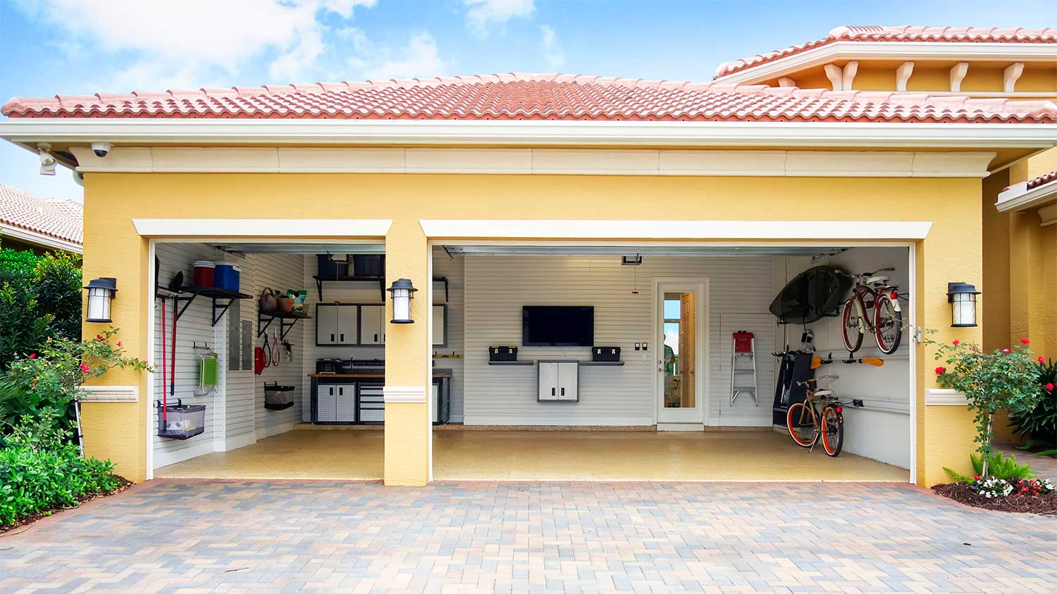 A view of a three car garage