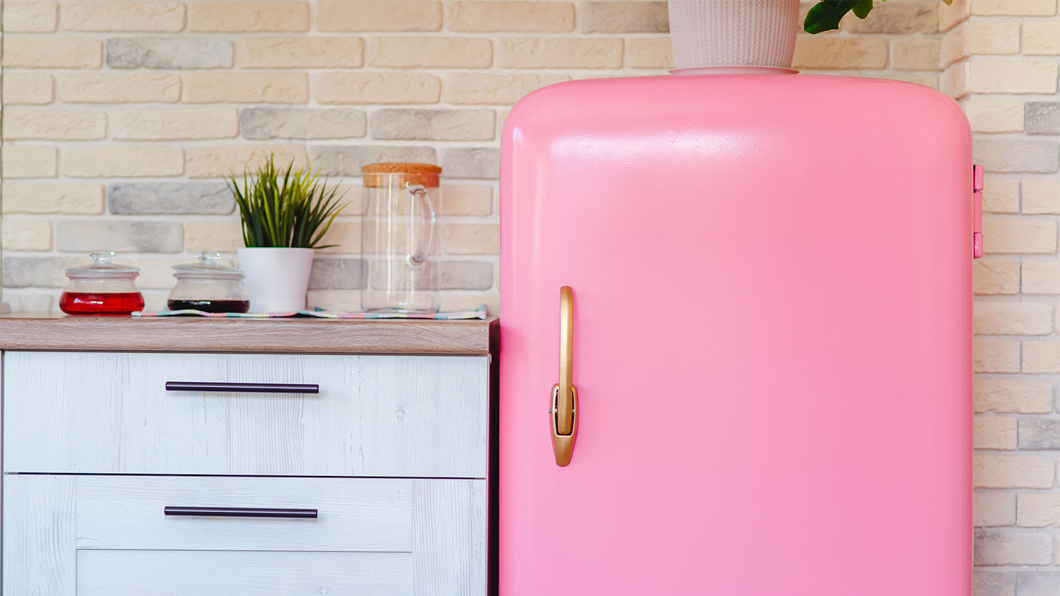 A view of a pink refrigerator